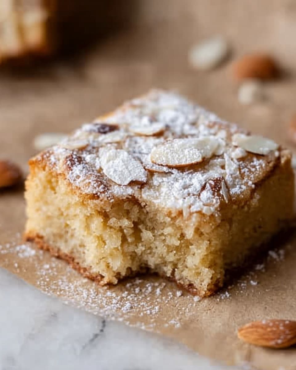 A single square piece of almond cake with a light golden brown color, showing a soft, moist texture in the middle, with visible layers where the cake seems fluffy and slightly crumbly. The top layer is covered with thin sliced almonds and a dusting of white powdered sugar, giving a light snowy effect. One bite is taken from one corner, revealing the inside texture clearly. The cake sits directly on a white marbled surface scattered with a few loose almond slices. Photo taken with an iphone --ar 4:5 --v 7