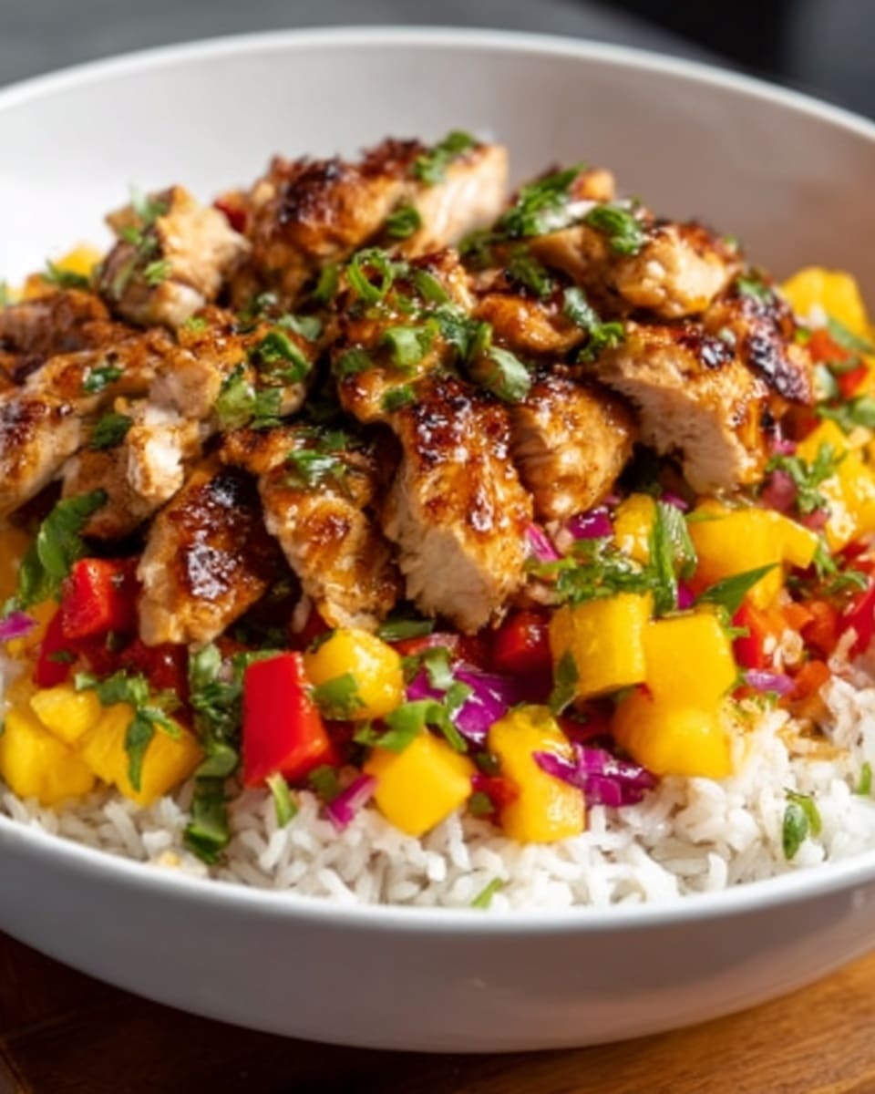 A white bowl on a white marbled surface holds a colorful layered dish starting with a layer of light brown rice at the bottom. On top are chunks of roasted yellow potatoes, bright red bell pepper pieces, and finely chopped purple onions scattered around. The main layer features generous pieces of golden-brown grilled chicken coated with a slightly crispy texture and specks of herbs. The dish is garnished with small green parsley leaves sprinkled all over. Photo taken with an iphone --ar 4:5 --v 7