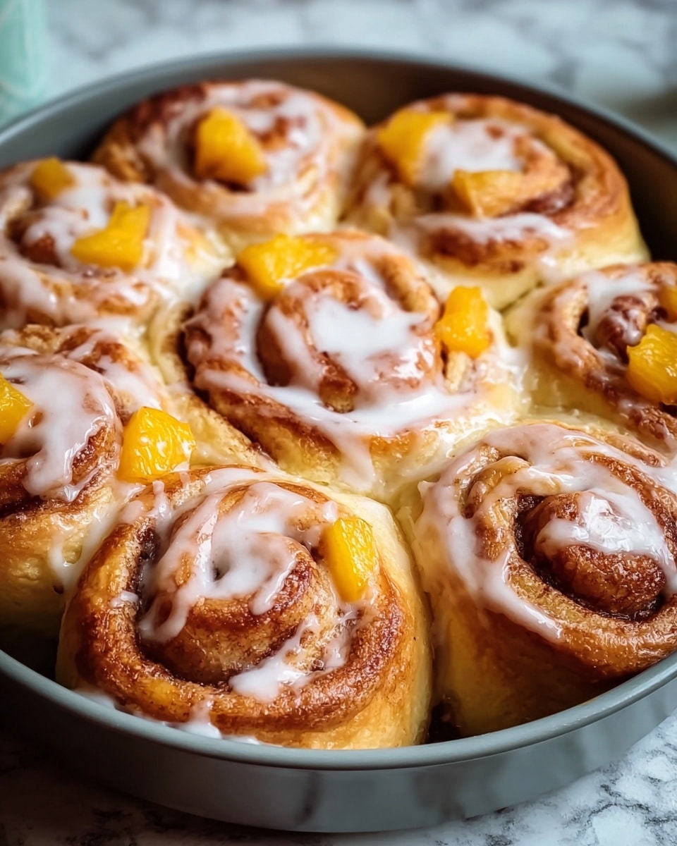The image shows six cinnamon rolls in a round white baking dish, each roll having a golden-brown color with visible cinnamon swirls. The rolls are topped with a shiny white glaze that drips slightly down the sides. Small pieces of yellow peach are nestled in the center of some rolls, adding a pop of color. The rolls appear soft and fluffy, with a slightly crispy texture on the edges where they baked against the dish. The background is a white marbled surface with blurred peach halves and a white cup visible in the distance. photo taken with an iphone --ar 4:5 --v 7