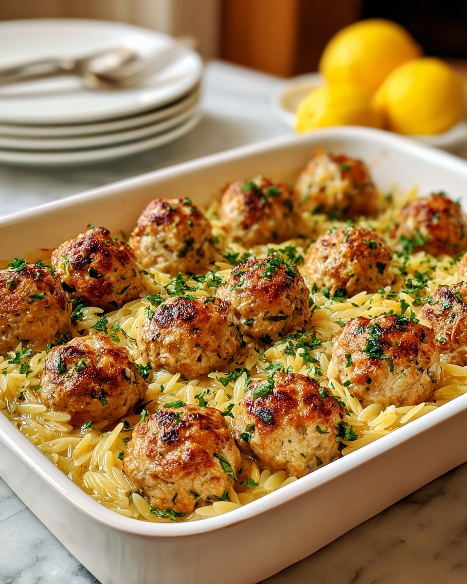 A white rectangular baking dish filled with two main layers: the bottom layer is a bed of creamy, pale yellow orzo pasta visible through gaps, soft with a slightly glossy texture, and the top layer shows evenly spaced golden brown meatballs with a crisp, slightly charred surface, each sprinkled with green chopped herbs. The edges of the dish have baked spots with a light caramelized look. The dish sits on a white marbled surface, with some plates and a lemon blurred in the background. photo taken with an iphone --ar 4:5 --v 7