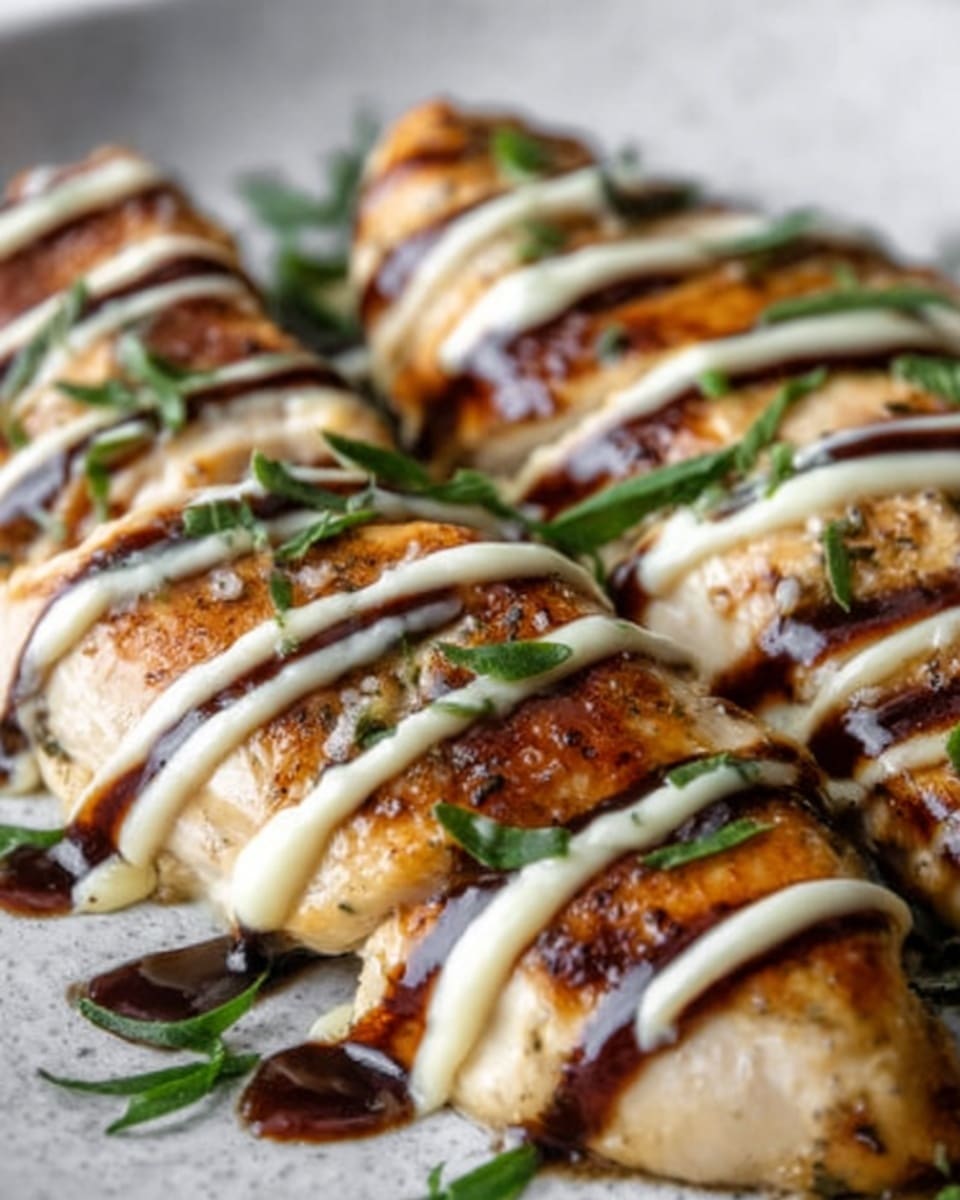 The image shows a close-up of grilled chicken pieces arranged closely together, each piece topped with a thick layer of creamy white sauce. Dark brown balsamic glaze is drizzled on top in thin lines, creating a contrast with the white sauce. Small green herb leaves are scattered on and around the chicken, adding a fresh touch. The chicken has a golden-brown, slightly crispy texture with visible grill marks. The whole dish is placed on a white plate, resting on a white marbled surface. photo taken with an iphone --ar 4:5 --v 7