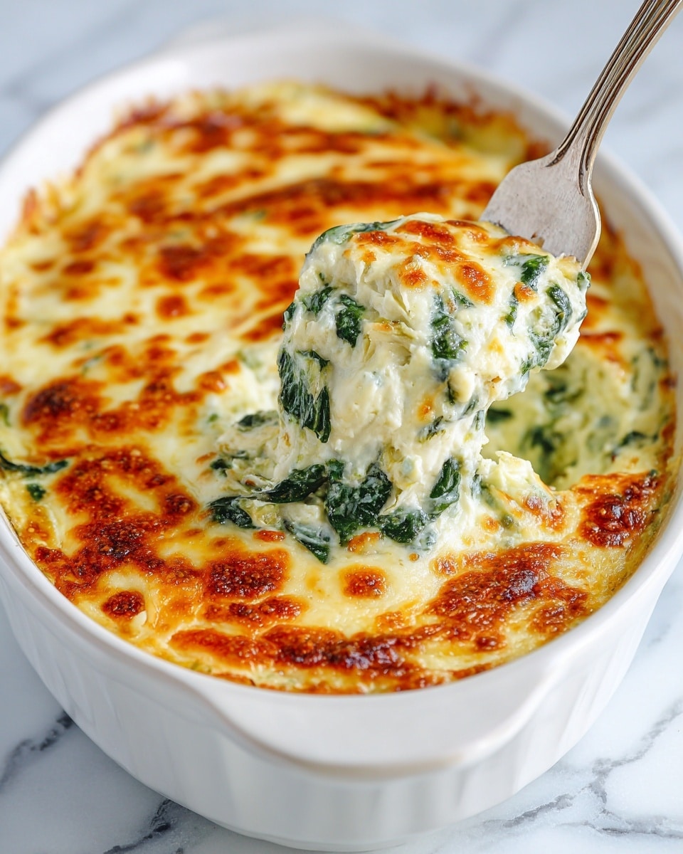A white ceramic dish filled with a creamy spinach and cheese casserole, showing one large scoop taken out to reveal layers inside: the top layer is golden-brown melted cheese with a slightly crispy texture, below is a mix of creamy white sauce and chopped green spinach, and the bottom layer appears soft with a blend of cooked spinach and cheese. A silver fork is partially inside the dish, lifting a cheesy bite. The white marbled texture surface holds the dish. Photo taken with an iphone --ar 4:5 --v 7
