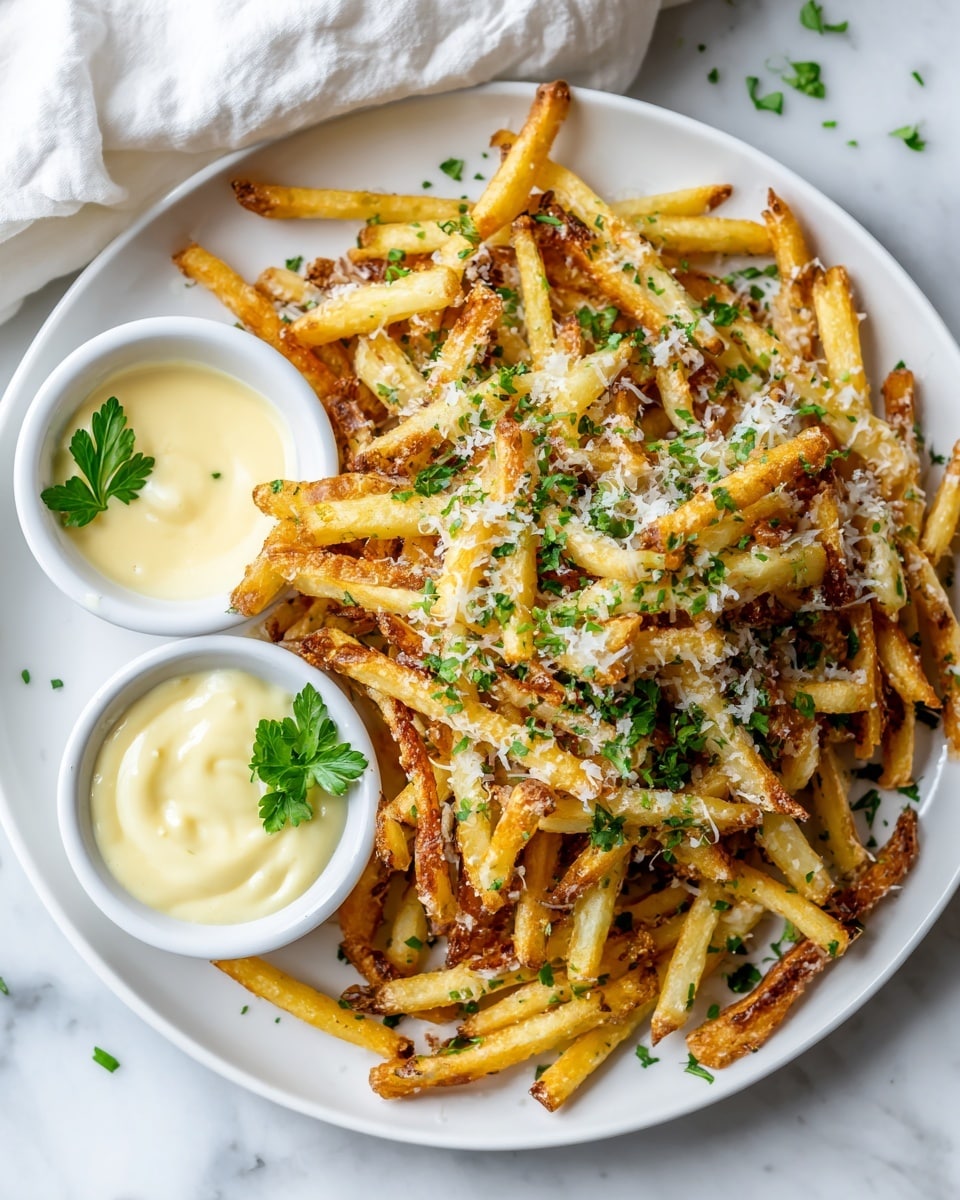 A pile of golden brown crispy french fries with some darker and lighter pieces mixed together, sprinkled with small green parsley bits and a light dust of grated cheese, served on white parchment paper inside a white dish. Two small white sauce dishes are placed on opposite corners of the dish, both filled with creamy light-colored dipping sauces. A small sprig of green parsley rests on the top left corner of the dish. The background shows a white marbled texture surface with a wooden tray partially visible. photo taken with an iphone --ar 4:5 --v 7