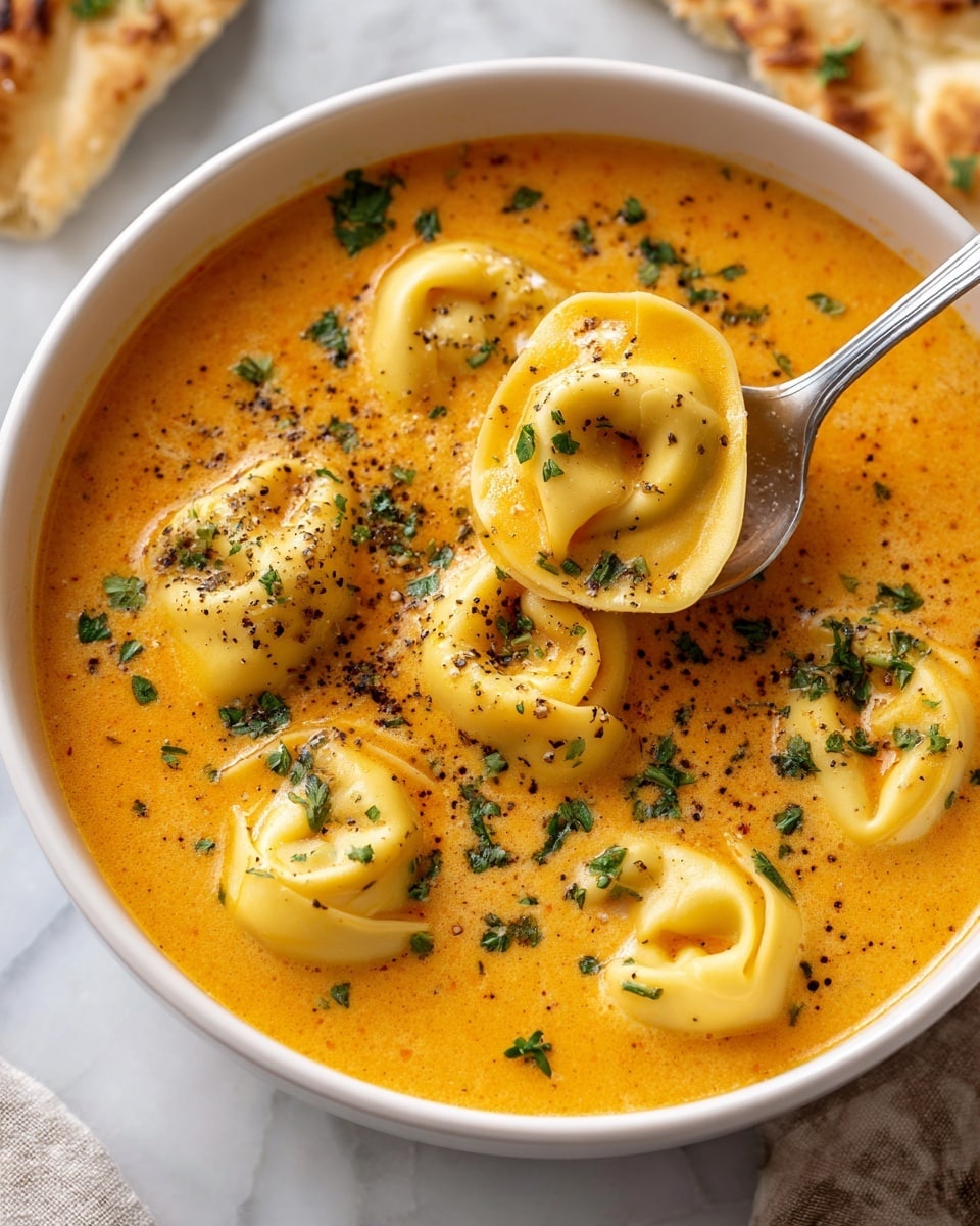 A white bowl filled with creamy orange soup showing a smooth and slightly thick texture, with six yellow tortellini floating in the soup, each having a soft, folded shape. The tortellini are sprinkled with small green parsley pieces and a light dusting of black pepper. A silver spoon rests inside the bowl, holding one tortellini above the soup, and part of a white marbled surface is visible underneath, along with a piece of flatbread near the bowl. The overall look is warm and inviting with a rich color contrast. photo taken with an iphone --ar 4:5 --v 7