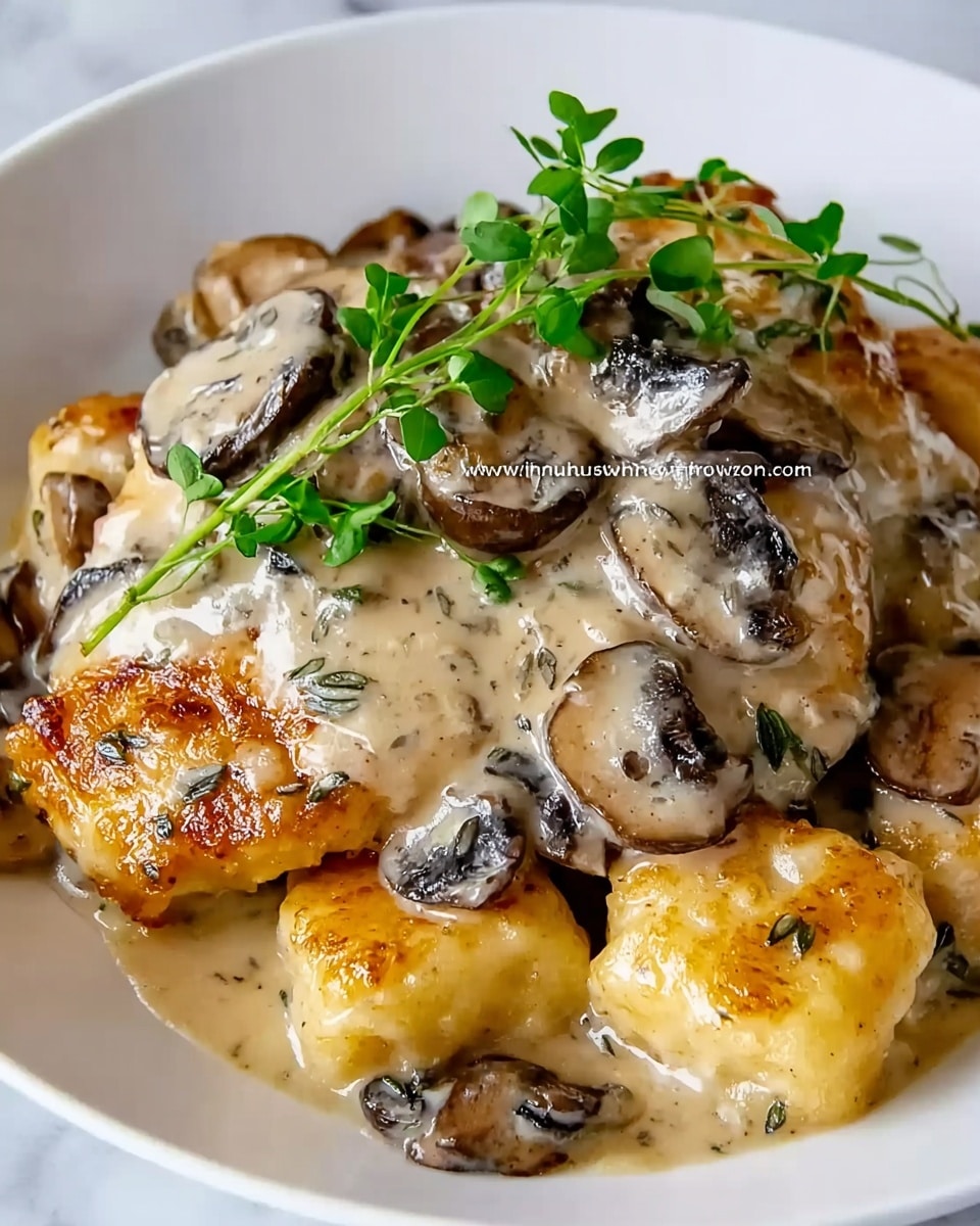 This image shows a close-up of a creamy mushroom dish served on a white plate set on a white marbled surface. The dish has three main layers: the bottom layer is soft, golden-brown pieces of what appears to be chicken or gnocchi with a light crispy texture; the middle layer is a thick, smooth beige sauce filled with dark brown sliced mushrooms; on top of the sauce are fresh green herb sprigs placed evenly across the dish, adding a pop of color and freshness. The sauce is glossy and covers parts of the golden pieces, making the dish look rich and creamy. photo taken with an iphone --ar 4:5 --v 7