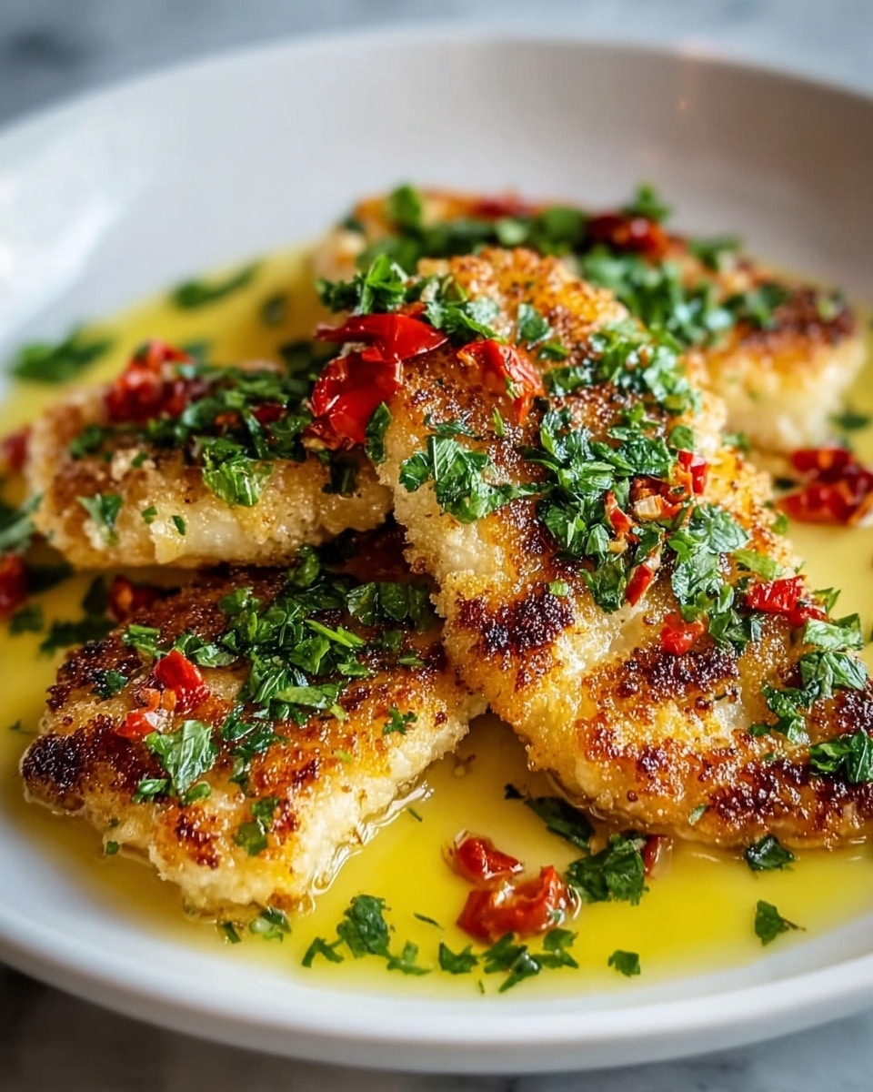 A white plate holds three pieces of golden-brown, crispy fried fish with a slightly rough texture from breading, each piece showing a well-cooked, uneven surface with darker charred spots. The fish is topped and surrounded by chopped bright green herbs, likely parsley, and small pieces of red roasted pepper scattered across. Under the fish is a glowing layer of light yellow buttery sauce that pools slightly around the edges, adding shine and richness. The white marbled surface beneath the plate gives a clean, elegant look. photo taken with an iphone --ar 4:5 --v 7