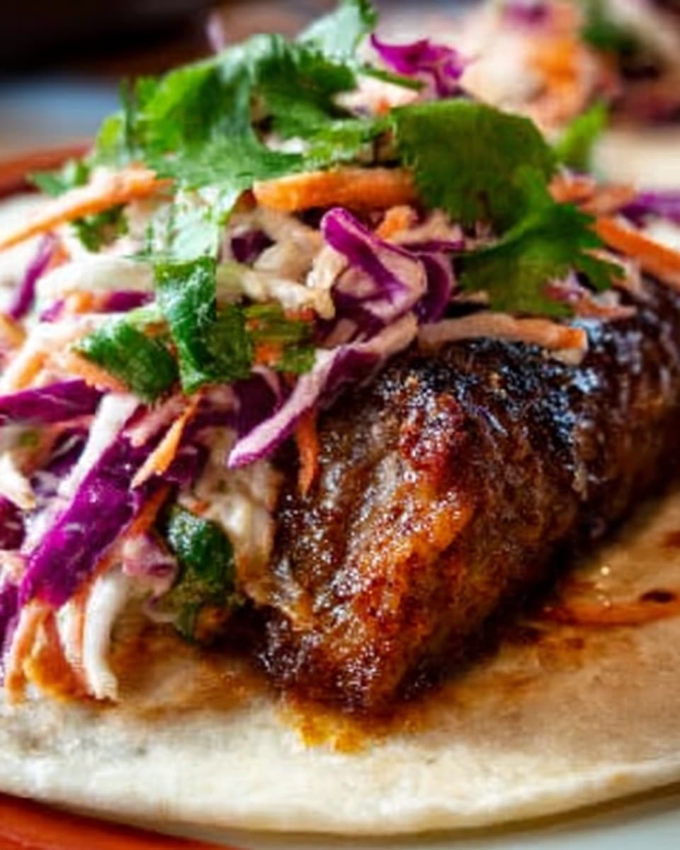 A close-up of a taco with a soft white tortilla base. On top, there is a thick, dark brown grilled piece of meat with a slightly charred texture. Above the meat, there are layers of finely shredded purple cabbage mixed with light orange shredded carrots, topped with green cilantro leaves. The colors are bright and fresh, showing a mix of purple, orange, green, and dark brown on the pale tortilla. The photo is taken with an iphone --ar 4:5 --v 7