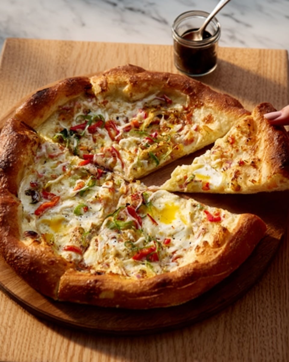 A golden-brown pizza with a slightly puffy crust sits on a wooden board. It has a layer of melted cheese with patches of white and yellow, topped with small pieces of green herbs and bits of red and yellow vegetables scattered evenly. A silver spoon rests in a dark container beside the pizza, and warm light casts soft shadows on the wooden surface beneath. The background is a white marbled texture. Photo taken with an iphone --ar 4:5 --v 7