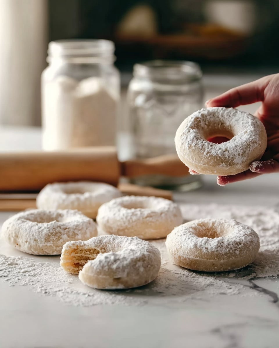 Seven raw doughnuts covered with white flour rest scattered on a white marbled surface, with one doughnut showing a bite taken out of it near the center. A woman's hand gently lifts a flour-dusted doughnut on the right side of the image. In the background, there is a glass jar filled with flour and a smaller glass jar with a metal lid, along with a wooden rolling pin lying horizontally. The scene gives a warm kitchen feeling with soft light highlighting the textures of the soft, floury dough. photo taken with an iphone --ar 4:5 --v 7