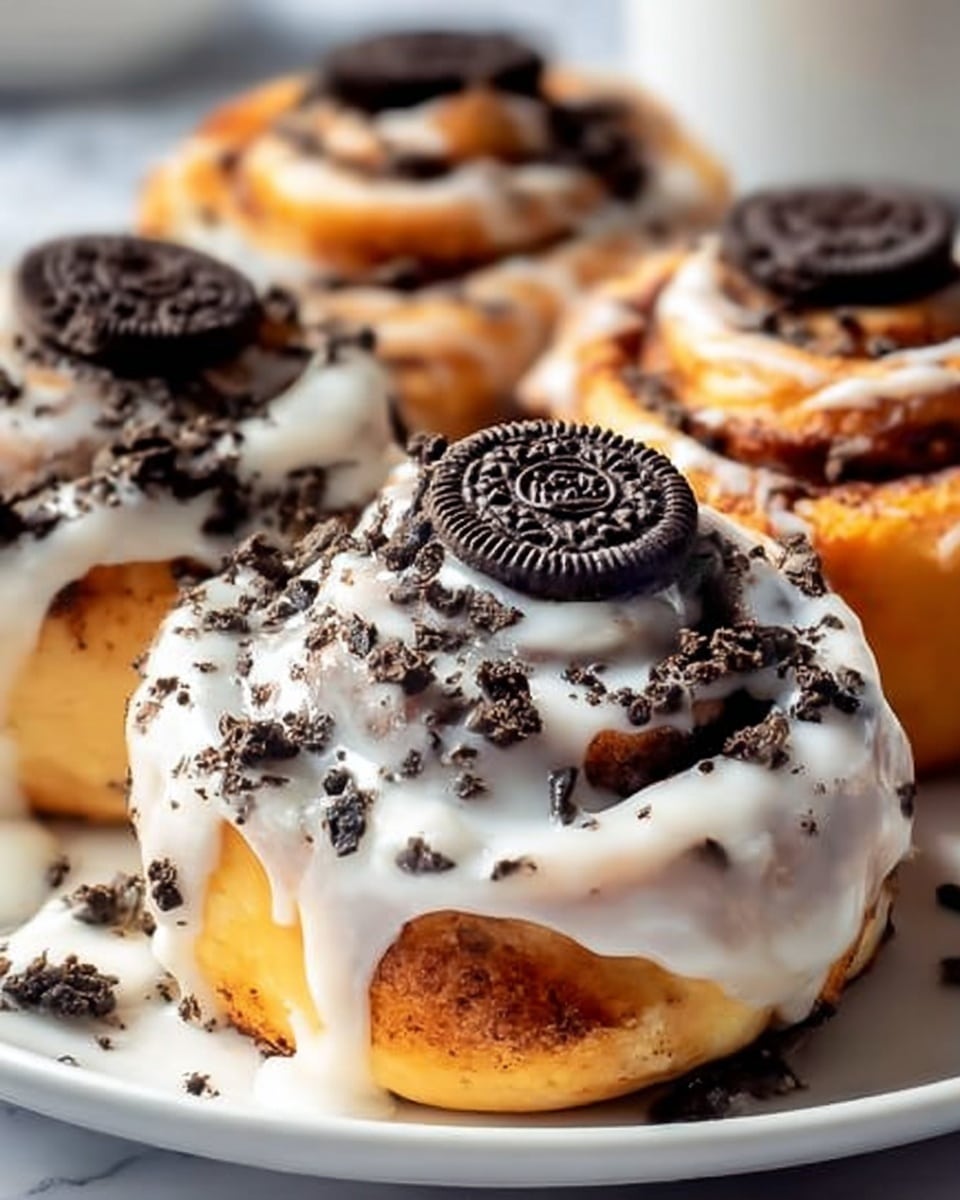 A close-up of three cinnamon rolls on a white plate sitting on a white marbled surface. Each cinnamon roll is layered with a soft golden-brown dough base, topped with swirled white cream cheese icing covering the top and sides. The center roll has a full black and white cookie piece placed on top, while all rolls are sprinkled with dark cookie crumbs for texture and color contrast. The icing looks creamy and smooth with a slightly shiny finish. Photo taken with an iphone --ar 4:5 --v 7