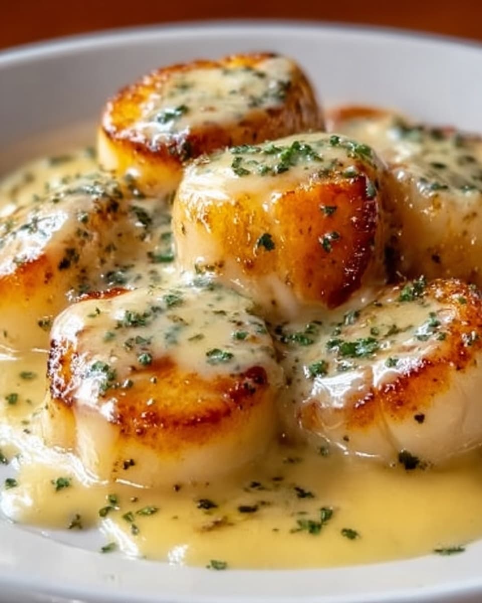 A close-up of a white plate filled with four golden brown cooked potatoes topped with thick creamy light yellow sauce that flows over the sides. Small green herb flakes are sprinkled on the sauce, giving a speckled look. The potatoes have a soft and shiny texture, and the sauce looks smooth and rich. The background is a white marbled texture. Photo taken with an iphone --ar 4:5 --v 7