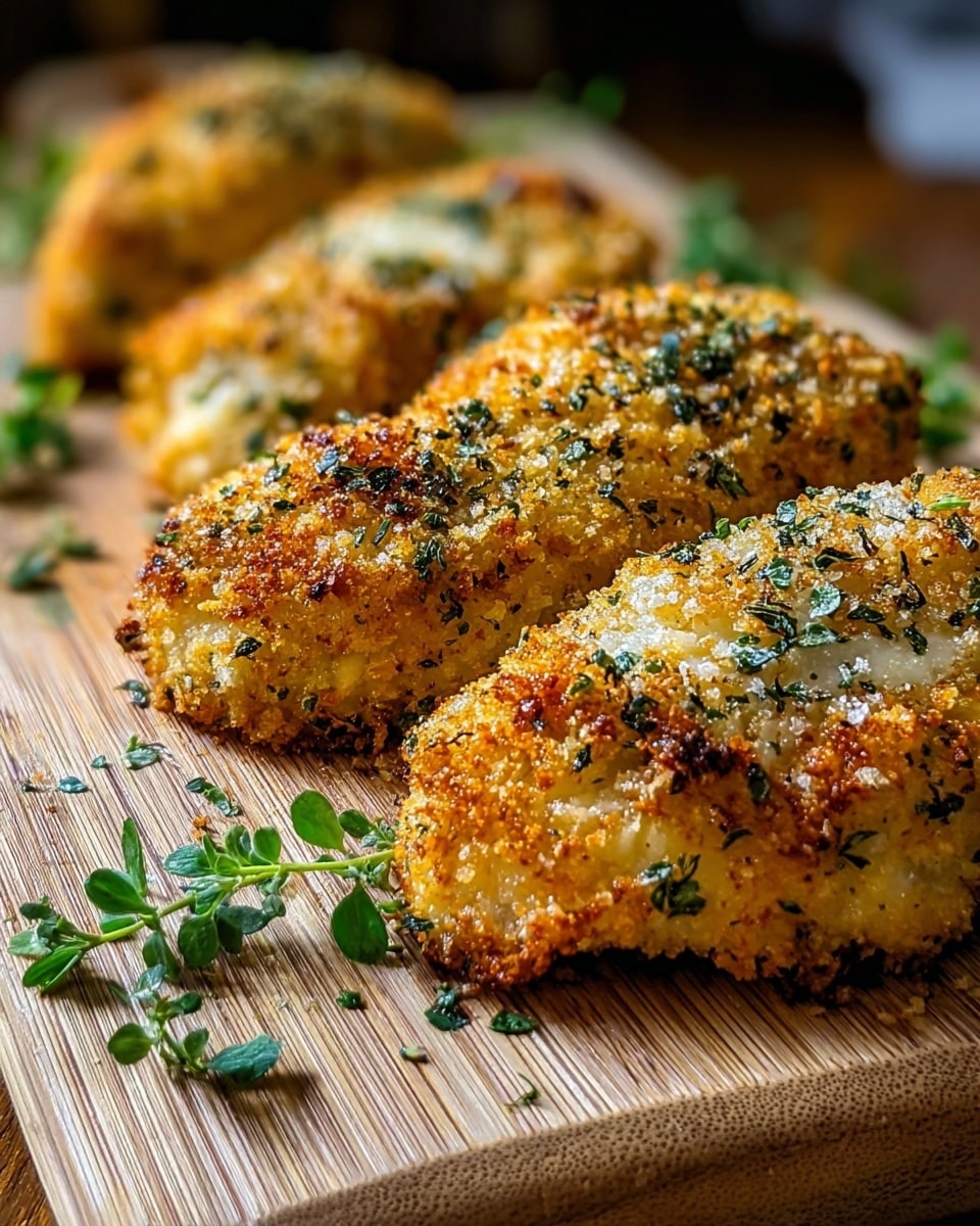 A close-up view of five pieces of breaded chicken arranged on a wooden board. Each piece has a crispy, golden brown crust with visible green herbs sprinkled across the top. The texture looks crunchy, with hints of melted cheese underneath the crust. Small sprigs of fresh green herbs are placed around the chicken, adding a touch of color and freshness. The background is softly blurred, focusing all attention on the detailed texture and color of the chicken pieces. photo taken with an iphone --ar 4:5 --v 7