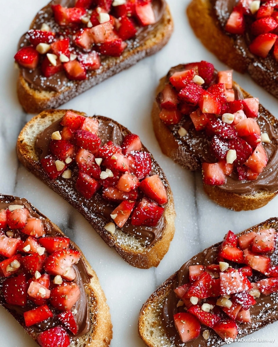 There are several pieces of toasted bread with a golden brown crust, each topped with a smooth, thick layer of dark brown chocolate spread. On top of the spread, there is a generous amount of finely chopped bright red and pink strawberries, creating a colorful and fresh layer. Small clusters of light brown nuts are scattered over the strawberries, adding texture. The edges of the toast have a light dusting of white powdered sugar. All the toast pieces are placed on a white marbled surface. photo taken with an iphone --ar 4:5 --v 7