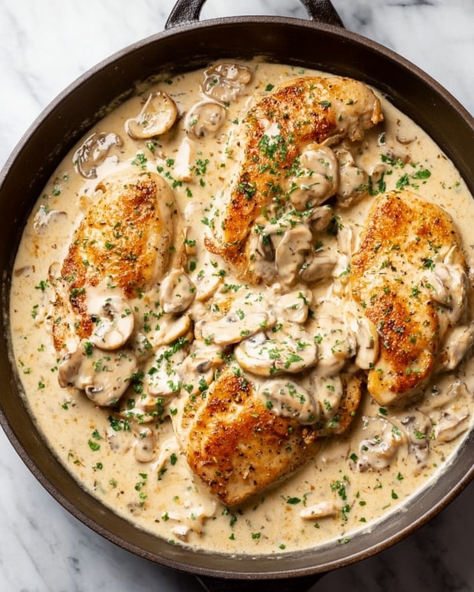 The image shows a black cast iron pan filled with four large pieces of golden-brown chicken breast partially covered by a creamy light beige sauce with visible slices of sautéed mushrooms mixed in. The sauce has a smooth texture and is garnished with finely chopped green herbs, adding a fresh contrast on top. The pan is set on a white marbled textured surface. photo taken with an iphone --ar 4:5 --v 7