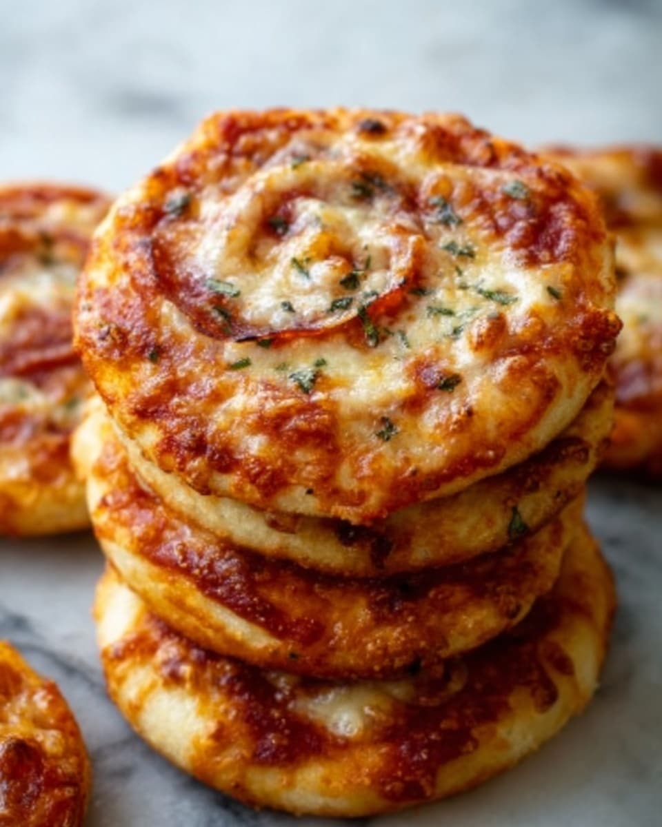 The image shows a stack of small round pizzas piled together. Each pizza has a golden-brown crust with slightly crisp edges. The top layer is covered with melted cheese that has browned spots and a rich, bubbly texture. Swirls of tomato sauce peek through the cheese, showing a deep red color. Bits of herbs and small pieces of toppings like pepperoni or sausage are scattered through the cheese layer. The background is a white marbled texture. photo taken with an iphone --ar 4:5 --v 7
