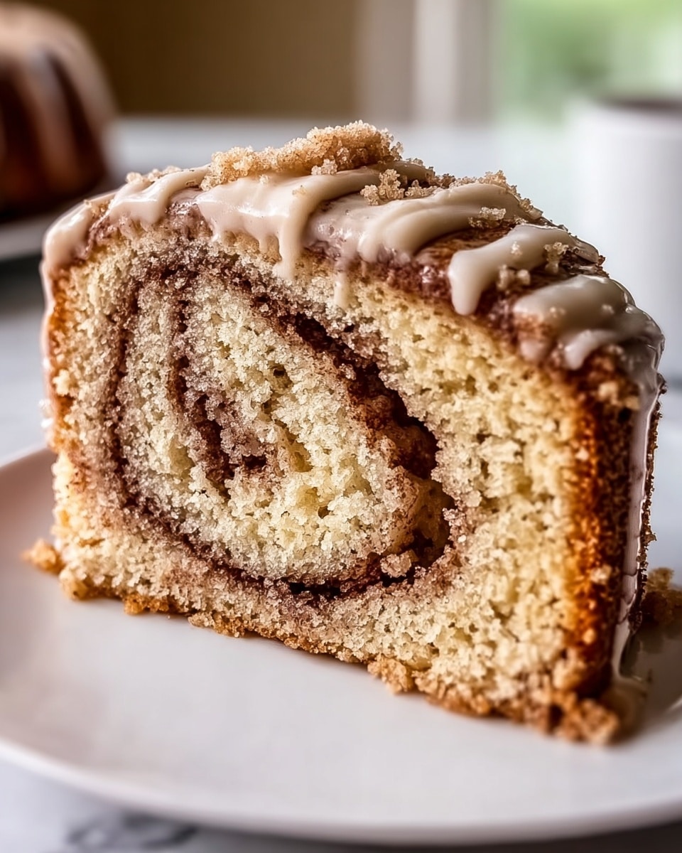 A close-up image of a slice of cinnamon roll cake sits on a white plate with a smooth surface, placed on a white marbled texture. The cake features three visible layers: the outer layer is a light golden brown cake with a slightly crumbly texture, the middle swirl layer is darker brown cinnamon filling, and the inner swirl is a creamy, light beige frosting or cream layer. The top of the cake slice is covered with a thin drizzle of white glaze that shines softly, with a few small crumbles sprinkled on top. The background is softly blurred, making the cake the main focus. Photo taken with an iphone --ar 4:5 --v 7
