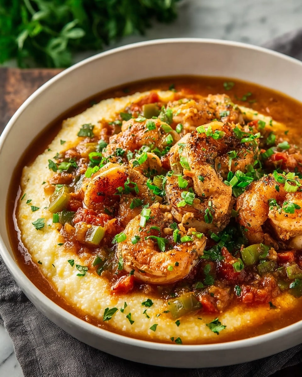 A deep white bowl filled with a base layer of creamy, pale yellow grits that look soft and smooth, topped with a rich, reddish-brown sauce mixed with diced green and red bell peppers and bits of tomato. On top, there are several pieces of browned, cooked shrimp and chicken showing a slightly crispy texture, all garnished with sprinkled bright green chopped herbs and small green onion pieces. The bowl sits on a dark gray cloth on a white marbled surface with some blurred greenery in the background. Photo taken with an iphone --ar 4:5 --v 7
