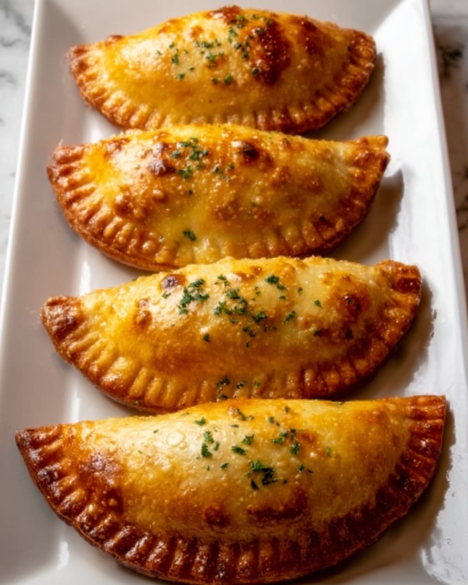 Four golden-brown empanadas with a glossy finish and small green herb sprinkles on top are neatly lined up on a long white plate. Each empanada has a crimped edge with a slightly darker, toasted texture, indicating a crispy crust. The white plate rests on a white marbled surface, adding a clean and bright background. The overall look is warm and inviting, with an emphasis on the golden colors and the fine details of the crust. Photo taken with an iphone --ar 4:5 --v 7