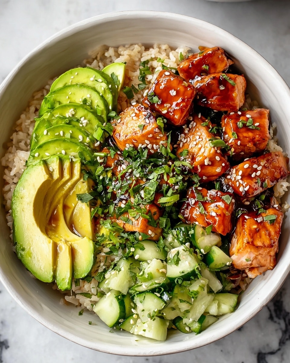 A white speckled bowl holds a layered dish starting with a base of light brown rice at the bottom, with large chunks of grilled salmon glazed with a shiny dark sauce placed on top, showing a slightly charred texture on some pieces. To one side, several slices of bright green avocado are neatly curved along the bowl’s edge, sprinkled with white and black sesame seeds. On the other side, cubed pieces of dark green cucumber mixed with chopped leafy greens sit glossy and fresh, also topped with sesame seeds. The salmon is garnished with small pieces of fresh green herbs. The bowl is set on a white marbled surface. photo taken with an iphone --ar 4:5 --v 7