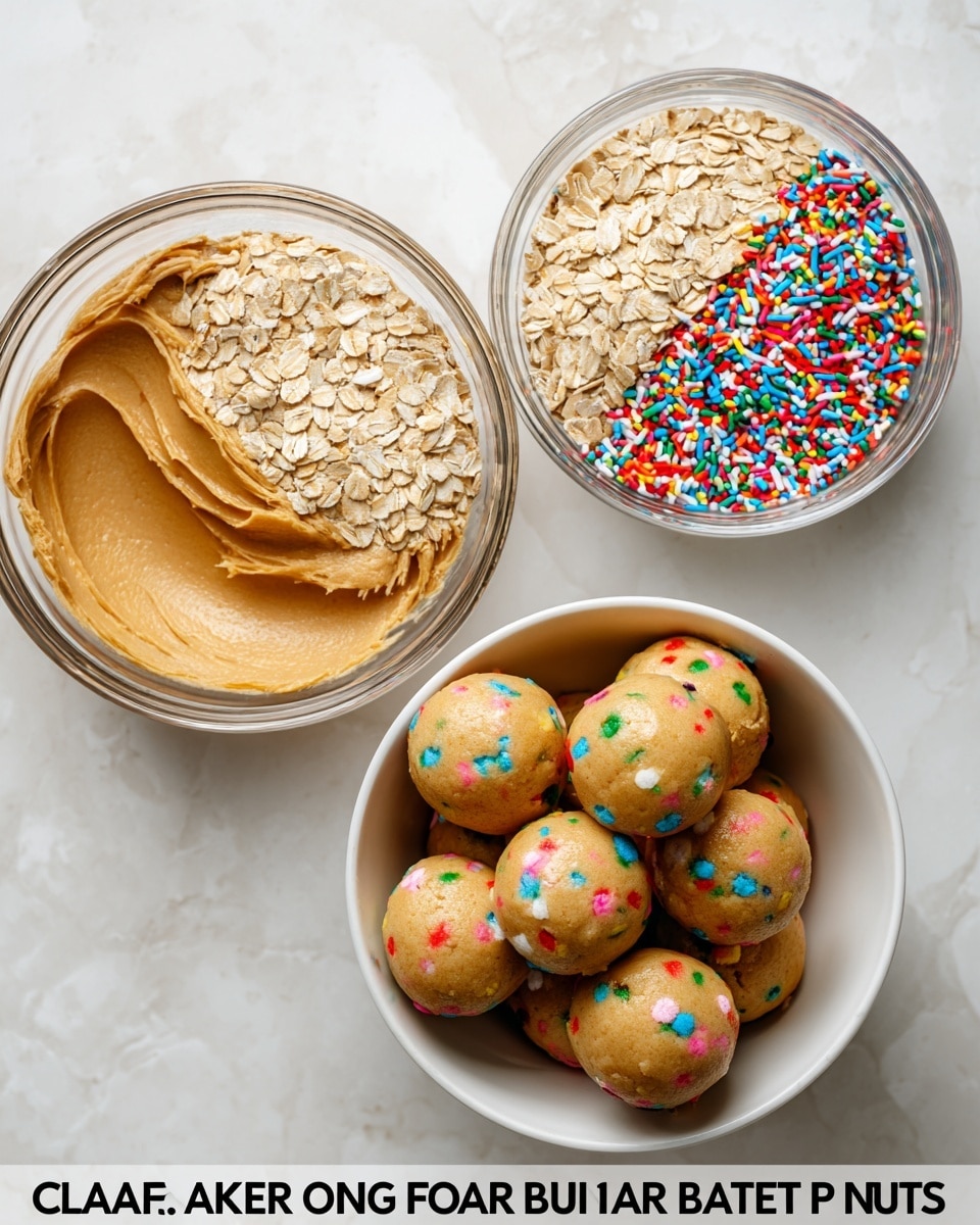 A clear glass bowl shows three distinct layers of ingredients: smooth, creamy light brown peanut butter on the left, tan rolled oats on the top right, and bright, colorful rainbow sprinkles on the bottom right. Below the bowl, a white bowl is filled with round, light brown protein balls that have small, scattered specks of red, blue, green, and pink sprinkles inside. The background is a white marbled surface. photo taken with an iphone --ar 4:5 --v 7