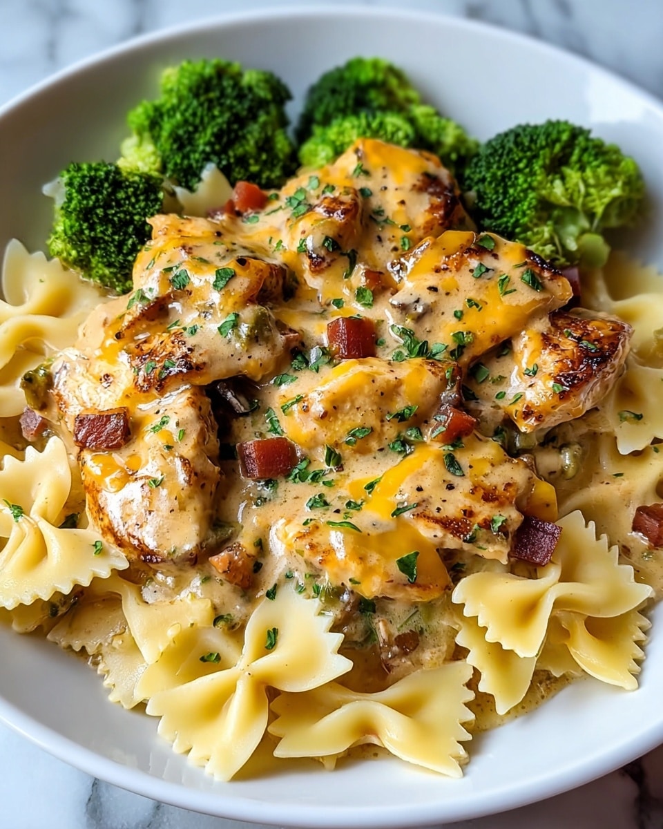 A white plate holds three layers: the bottom layer is light yellow bowtie pasta with a smooth texture, spread evenly across the plate. The middle layer has small bright green broccoli florets and tiny red bell pepper cubes scattered among the pasta. The top layer is creamy beige chicken pieces with dark grill marks, covered in a rich, melted cheese sauce with orange specks and garnished with chopped green parsley. The dish sits on a white marbled texture. photo taken with an iphone --ar 4:5 --v 7