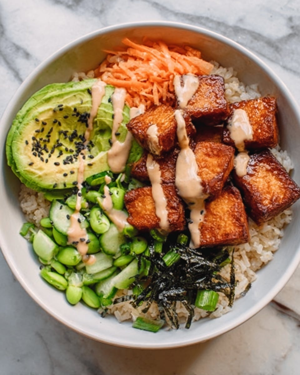 A white bowl holds a layered dish starting with a base of white rice topped with scattered black sesame seeds. On one side, there is a small pile of shredded orange carrots. Four golden-brown crispy tofu cubes sit in the center, drizzled with light orange creamy sauce and sprinkled with black and white sesame seeds. Thin green rings of scallions and dark green shredded seaweed are placed over the tofu. To the right, slices of fresh green avocado fan out and cucumber slices lay at the bottom, also lightly drizzled with the same sauce. The bowl is set against a white marbled background. photo taken with an iphone --ar 4:5 --v 7