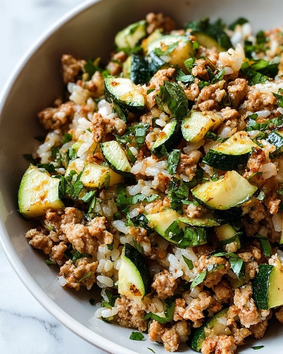 The image shows a close-up of a bowl filled with a mixed dish made of light brown minced meat, small white grains of cooked rice, and green zucchini pieces cut into small cubes. The ingredients are evenly spread and mixed, with fresh chopped green herbs sprinkled on top. The bowl holding this dish is white and rests on a white marbled surface. The textures range from soft and juicy zucchini to crumbly meat and fluffy rice. The overall look is fresh and colorful with a home-cooked feel. photo taken with an iphone --ar 4:5 --v 7