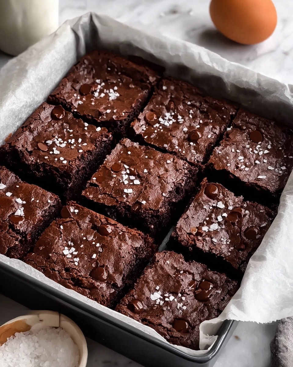 A dark brown chocolate brownie cut into nine square pieces, each piece showing a shiny, slightly cracked top with a rich, dense texture beneath. The brownies are thick and moist with chocolate chips scattered on the surface and sprinkled with coarse sea salt. They are placed inside a black baking tray lined with white parchment paper, all set on a white marbled textured surface. In the background, there is a blurred egg and a white container. Photo taken with an iphone --ar 4:5 --v 7