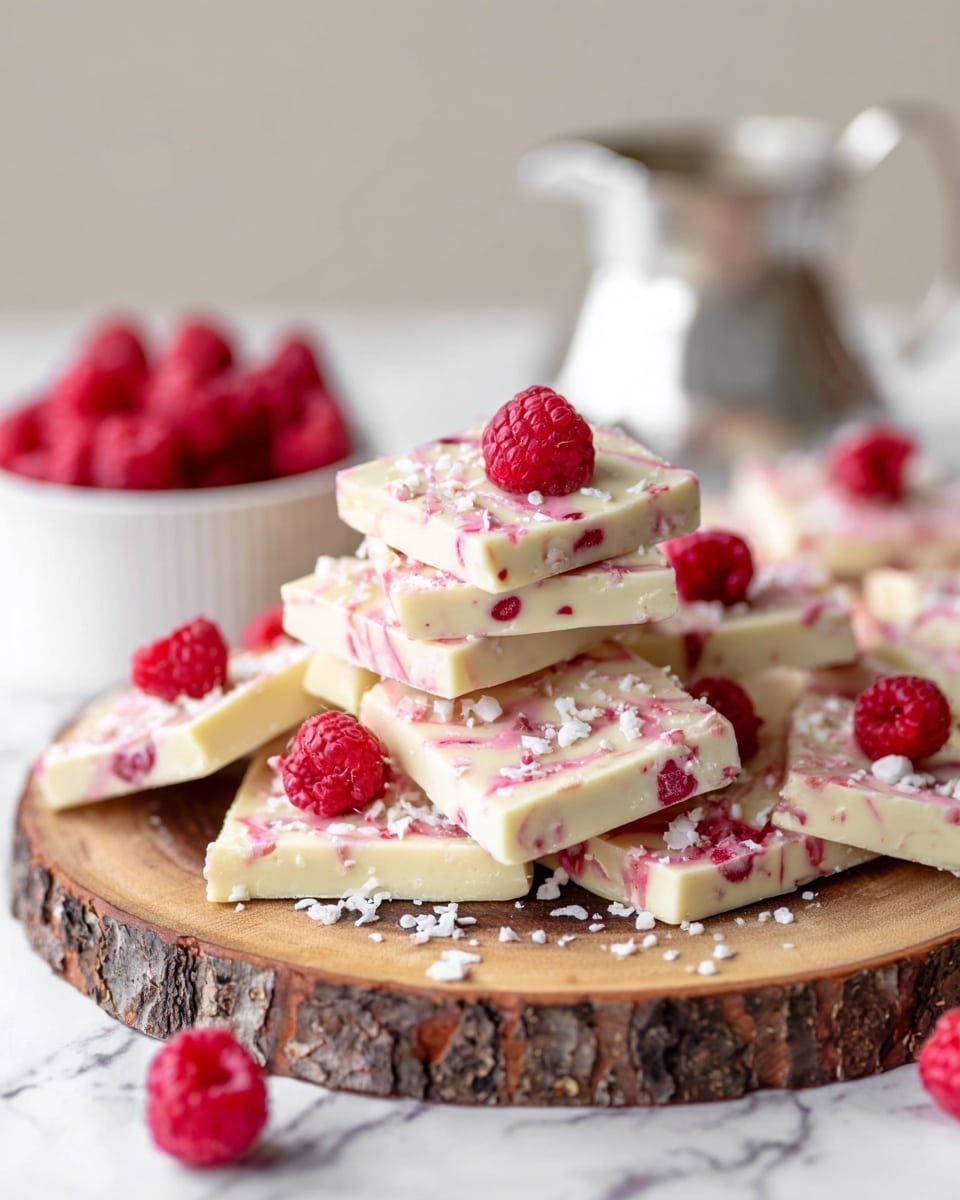 The image shows several pieces of white chocolate bark with swirls of pink raspberry throughout, arranged in a loose pile on a wooden board with a rough bark edge. Each piece is topped with a bright red raspberry and sprinkled with small white flakes, possibly coconut or white chocolate shavings. The texture of the bark is smooth and creamy with pink bursts, and the raspberries add a fresh, textured contrast. In the background, there is a white bowl filled with raspberries and a white pitcher, all set on a white marbled surface. Photo taken with an iphone --ar 4:5 --v 7