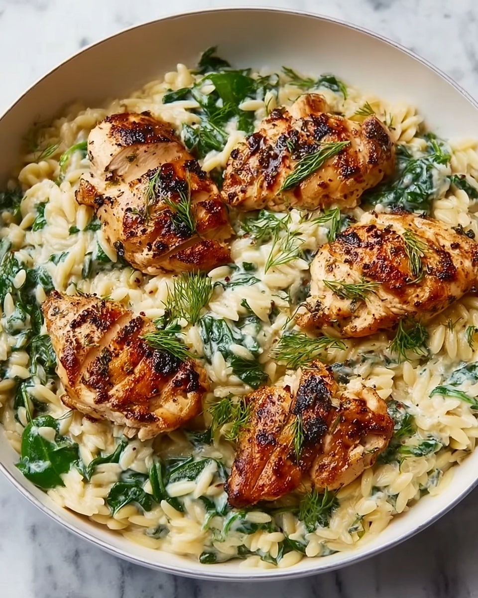 The dish is a creamy orzo pasta served in a white round bowl. It has a base of small, light yellow orzo grains mixed with fresh green spinach leaves, all coated in a smooth, creamy white sauce. On top, there are five grilled pieces of chicken, slightly browned with grill marks, each piece sprinkled with fresh green herbs like dill. The mixture of creamy sauce, tender pasta, bright green spinach, and golden chicken pieces creates a rich, inviting look. The bowl sits on a white marbled surface. photo taken with an iphone --ar 4:5 --v 7