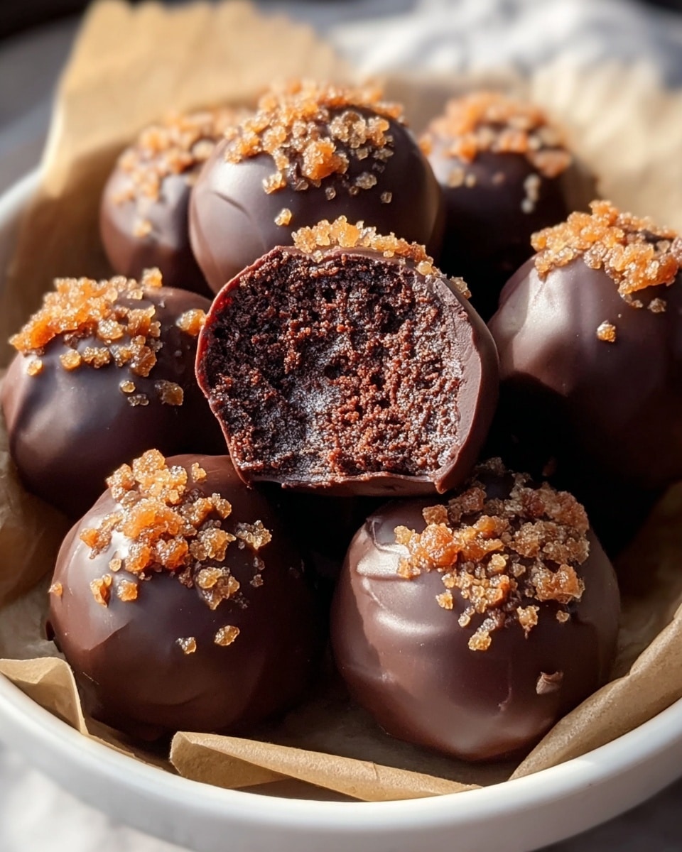 The image shows a group of round dark chocolate truffles arranged closely together on a sheet of light tan parchment paper. Each truffle has a smooth, shiny dark chocolate coating with small bits of crumbly chocolate sprinkled on top for texture. One truffle is cut in half and placed on top of another, revealing a dense, moist, dark brown chocolate inside that looks rich and soft. The light shines on the glossy surface, highlighting the smoothness and slight drips of chocolate on some pieces. The background is a white marbled texture, adding a clean and simple feel. photo taken with an iphone --ar 4:5 --v 7