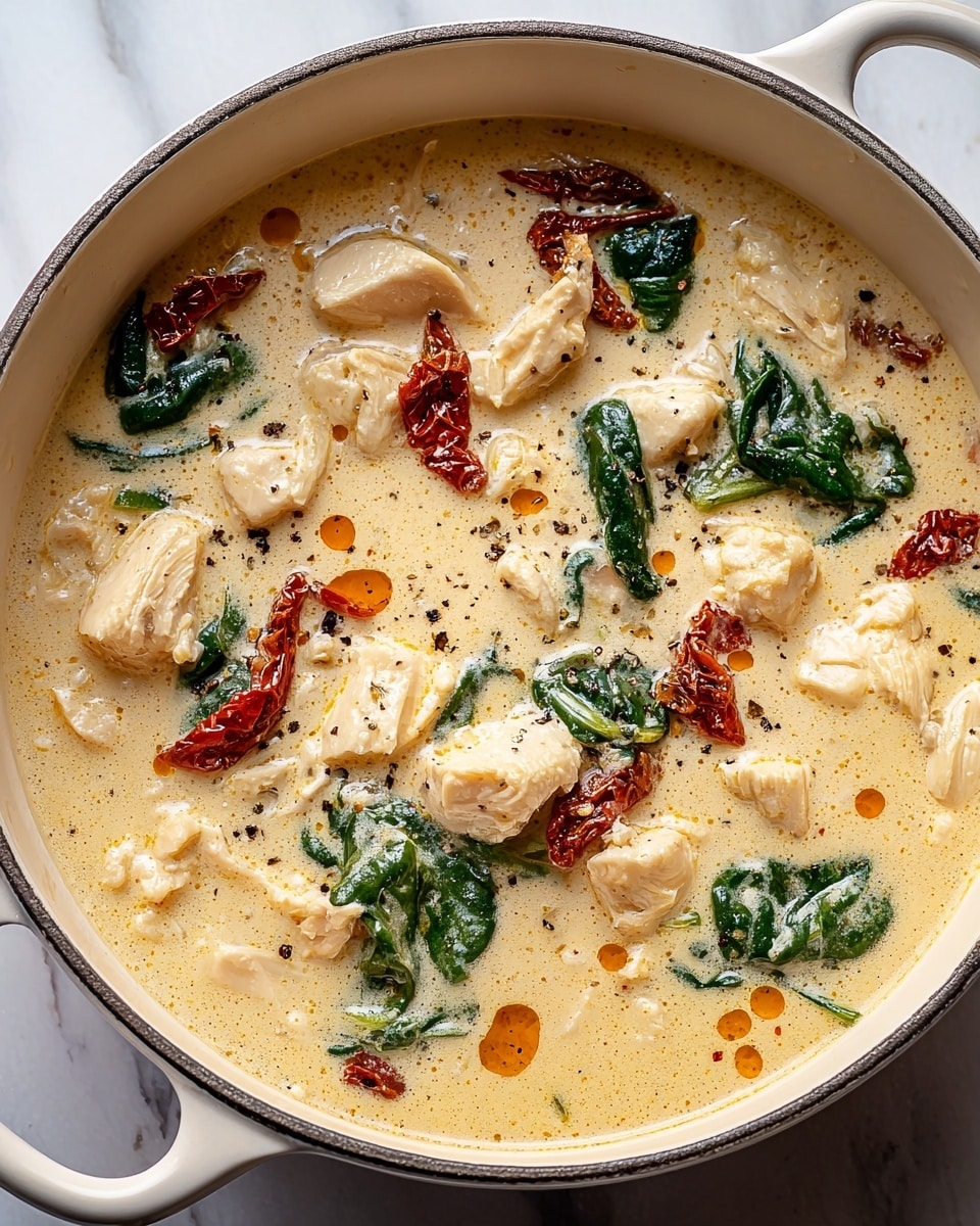 A creamy soup served in a white pot with two handles, filled with a thick, light beige broth that has small orange oil droplets on the surface. Inside the soup, there are chunks of white chicken pieces, dark green spinach leaves, and red sun-dried tomato pieces scattered throughout, all topped with a sprinkle of black pepper. The pot is placed on a white marbled surface. Photo taken with an iphone --ar 4:5 --v 7