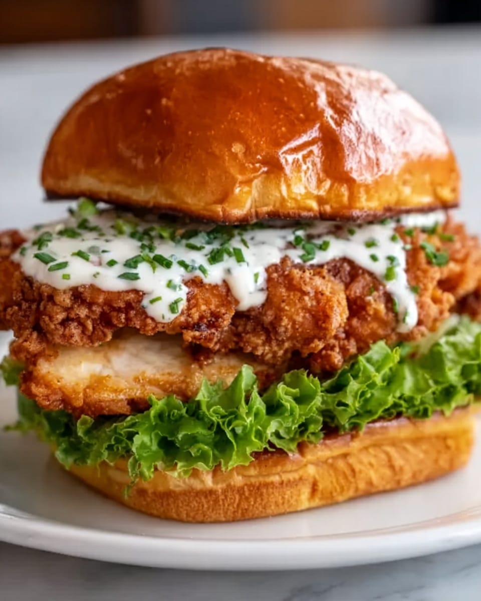 A close-up view of a fried chicken sandwich on a glossy, golden-brown bun, with the top bun slightly tilted to show the layers inside. The sandwich has a layer of crispy fried chicken breast with a crunchy brown coating in the middle. Below the chicken, there is a fresh green leafy lettuce layer, adding texture and color. On top of the chicken, there is a drizzle of white sauce with tiny green herbs sprinkled on it. The sandwich is placed on a white plate, set on a white marbled surface. photo taken with an iphone --ar 4:5 --v 7