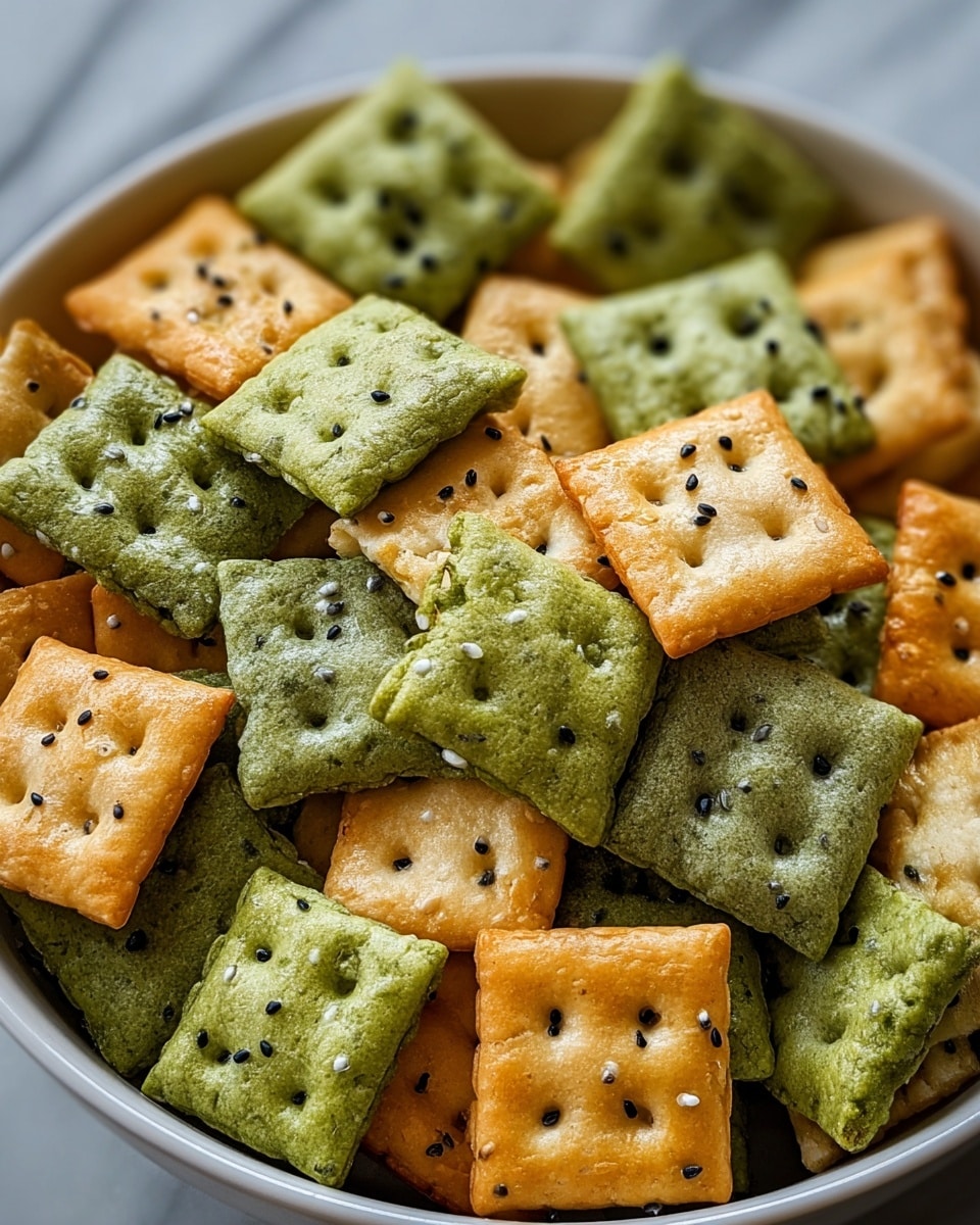 A close-up image of a bowl filled with small, square crackers in two colors: green and light golden brown. Each cracker has tiny holes arranged in a grid on the surface and is sprinkled with black and white seeds, adding texture. The green crackers have a slightly rough texture with visible seeds, while the golden brown crackers are smooth with some corn pieces on a few. The bowl itself is white with a smooth edge, placed on a white marbled surface, giving a clean and fresh look. photo taken with an iphone --ar 4:5 --v 7