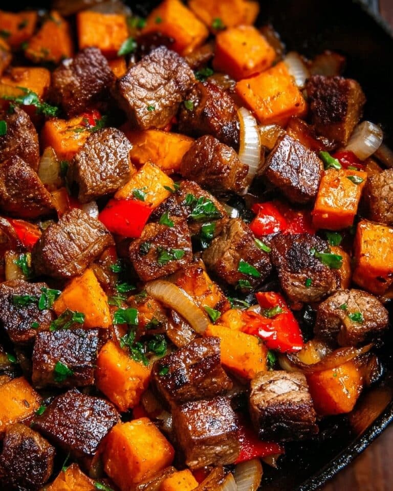 Steak Bites with Sweet Potatoes and Peppers Recipe