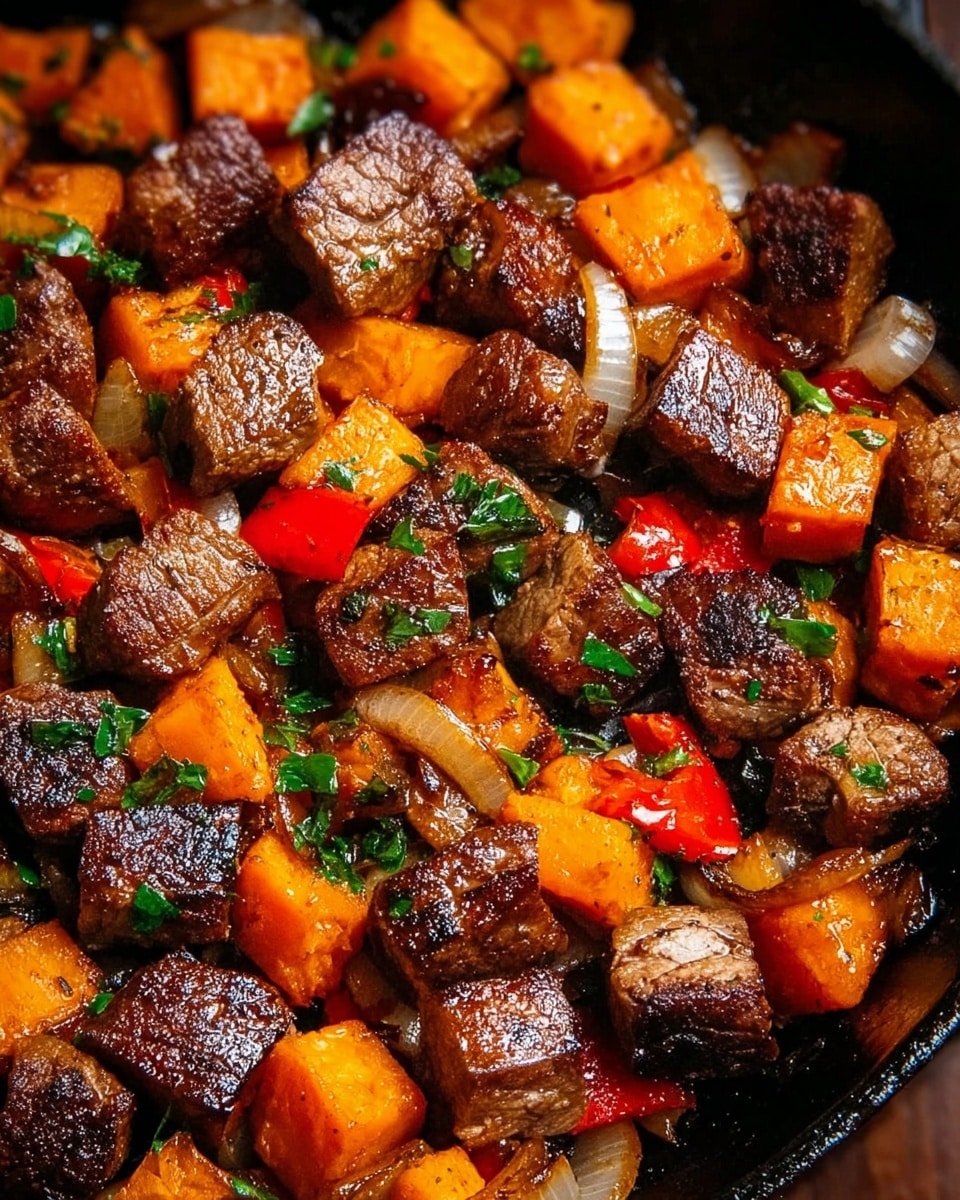 The image shows a close-up view of a cooked dish in a black pan featuring several layers of ingredients. The top layer includes glossy, browned cubes of meat with a grilled texture, interspersed with bright orange cubes of roasted sweet potatoes that have a slightly charred surface. Among these, there are small pieces of red bell pepper and translucent cooked onions, along with some finely chopped green herbs scattered throughout, adding spots of color and freshness. The ingredients look well mixed and evenly cooked, giving a rich and hearty appearance. Photo taken with an iphone --ar 4:5 --v 7