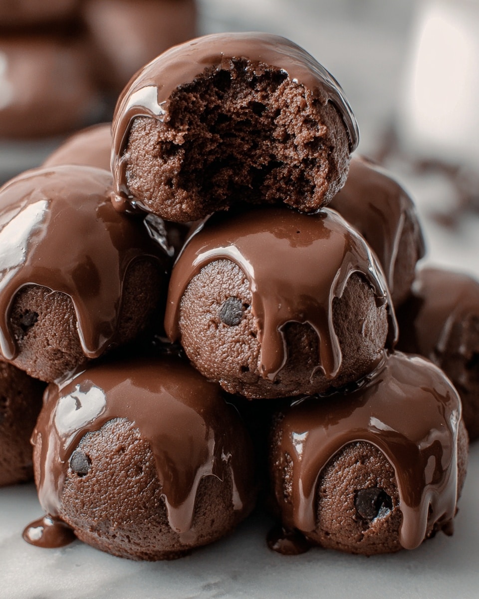 A close-up view of several chocolate cookie dough balls stacked together, each round ball showing a dark brown, slightly rough texture of cookie dough. The top balls are covered with a smooth, glossy layer of medium brown chocolate glaze that drips slightly down the sides, creating a shiny finish. One cookie ball near the top is bitten, revealing a softer, dense interior with tiny visible chocolate chunks. The background is blurred but shows a white marbled surface underneath the stack. photo taken with an iphone --ar 4:5 --v 7
