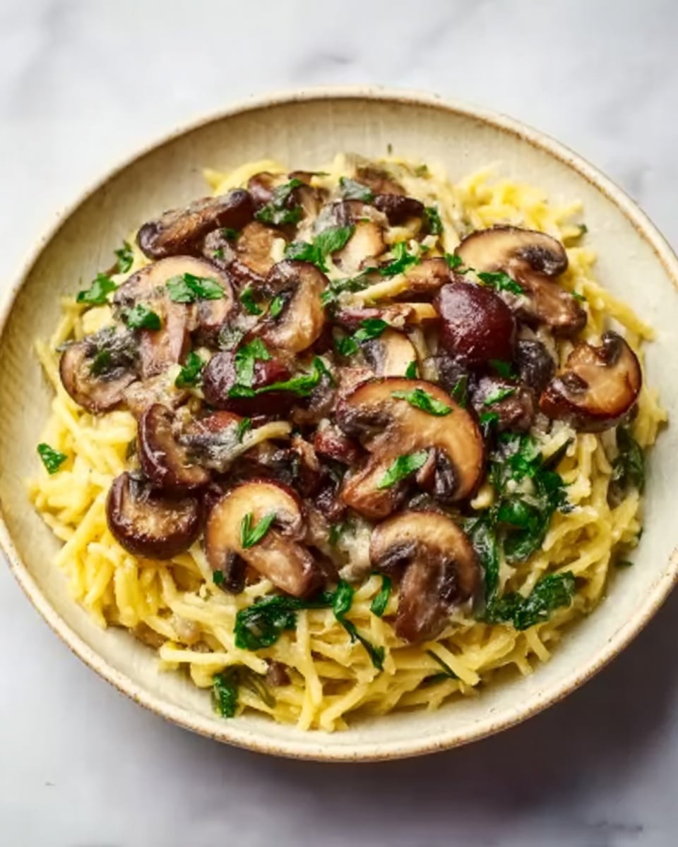 A white bowl filled with a creamy pasta dish featuring several layers: at the bottom, yellowish pasta coated in sauce, topped with dark brown sautéed mushroom slices scattered evenly, and sprinkled with bright green chopped herbs. The textures contrast between soft pasta, tender mushrooms, and fresh herbs. The bowl sits on a white marbled surface, creating a clean and simple background. Photo taken with an iphone --ar 4:5 --v 7