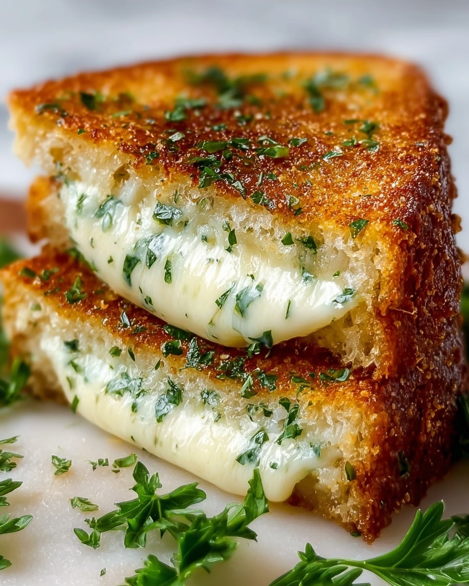 A close-up of a grilled cheese sandwich cut in half, stacked one on top of the other, showing two layers of toasted golden brown bread with a crunchy texture, sprinkled with green herbs on top. Between the bread layers, thick melted white cheese mixed with green herbs stretches slightly, showing a gooey, creamy inside that oozes out slightly from the sandwich. Some fresh green parsley pieces are placed around the sandwich on a white marbled surface. photo taken with an iphone --ar 4:5 --v 7
