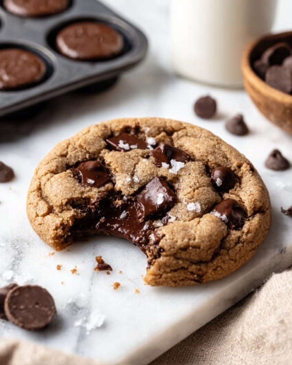 A close-up view of a soft, round chocolate chip cookie with a bite taken out of the front, revealing a gooey, melted chocolate center. The cookie is light brown with darker chocolate chunks and chips scattered on top, and a few grains of salt visible. The cookie sits on a white marbled surface, surrounded by a few loose chocolate chips and crumbs. In the background, there is a dark chocolate mold with round pieces and a white bottle on the right side. A beige cloth is partially visible on the far right. The photo taken with an iphone --ar 4:5 --v 7