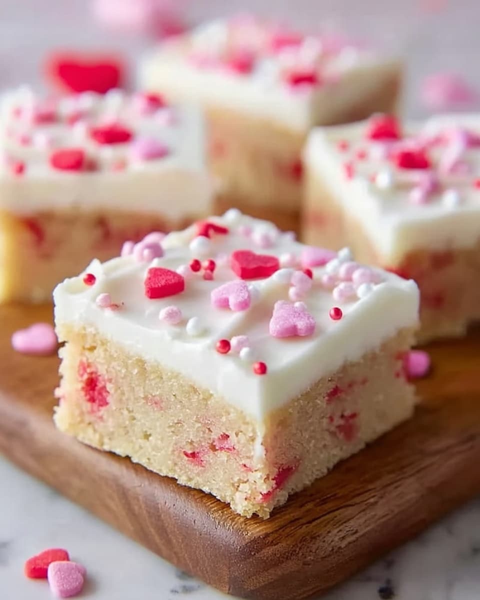 The image shows a square piece of cake with two main layers placed on a wooden board over a white marbled textured surface. The bottom layer is light beige with small bits of red and pink embedded within it, giving a soft, moist look. Above this is a thick layer of smooth white frosting, evenly spread and decorated with small pink and red heart-shaped sprinkles scattered on top. The cake pieces in the background are slightly out of focus but visibly similar, enhancing the main piece. photo taken with an iphone --ar 4:5 --v 7