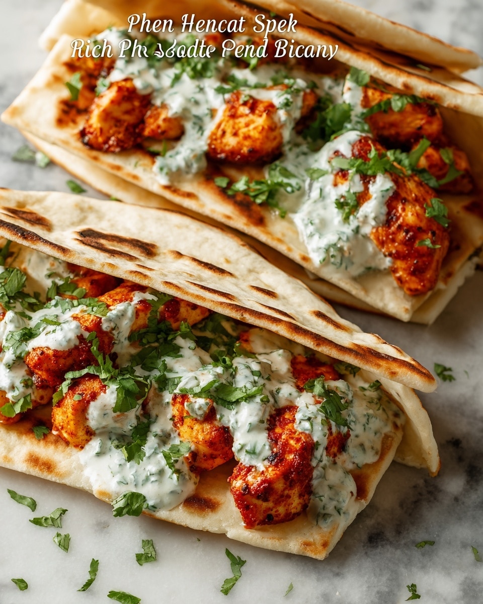 The image shows two white pitas with golden brown spots, folded to hold layers of bright orange sheet pan chicken pieces with a slightly crispy texture. The chicken is topped with a creamy white herby ranch sauce speckled with green herbs, and sprinkled with fresh green cilantro leaves. The pitas rest on a white marbled surface, giving a clean background. Photo taken with an iphone --ar 4:5 --v 7