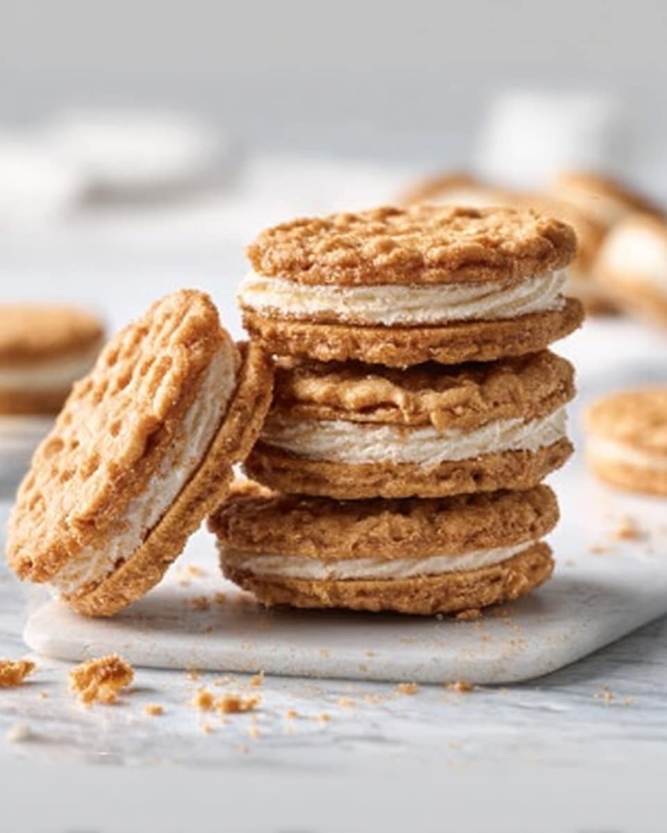 The image shows a stack of five round sandwich cookies on a white marble surface. Each cookie has two golden-brown, slightly cracked, and textured outer layers with a creamy white filling in between. The cookies have a rough, crumbly texture on the edges. One cookie leans against the stack on the left, showing the thick layer of creamy filling more clearly. There are some crumbs scattered on the surface around the stack. The background is softly blurred with a white theme, giving focus to the cookies. Photo taken with an iphone --ar 4:5 --v 7