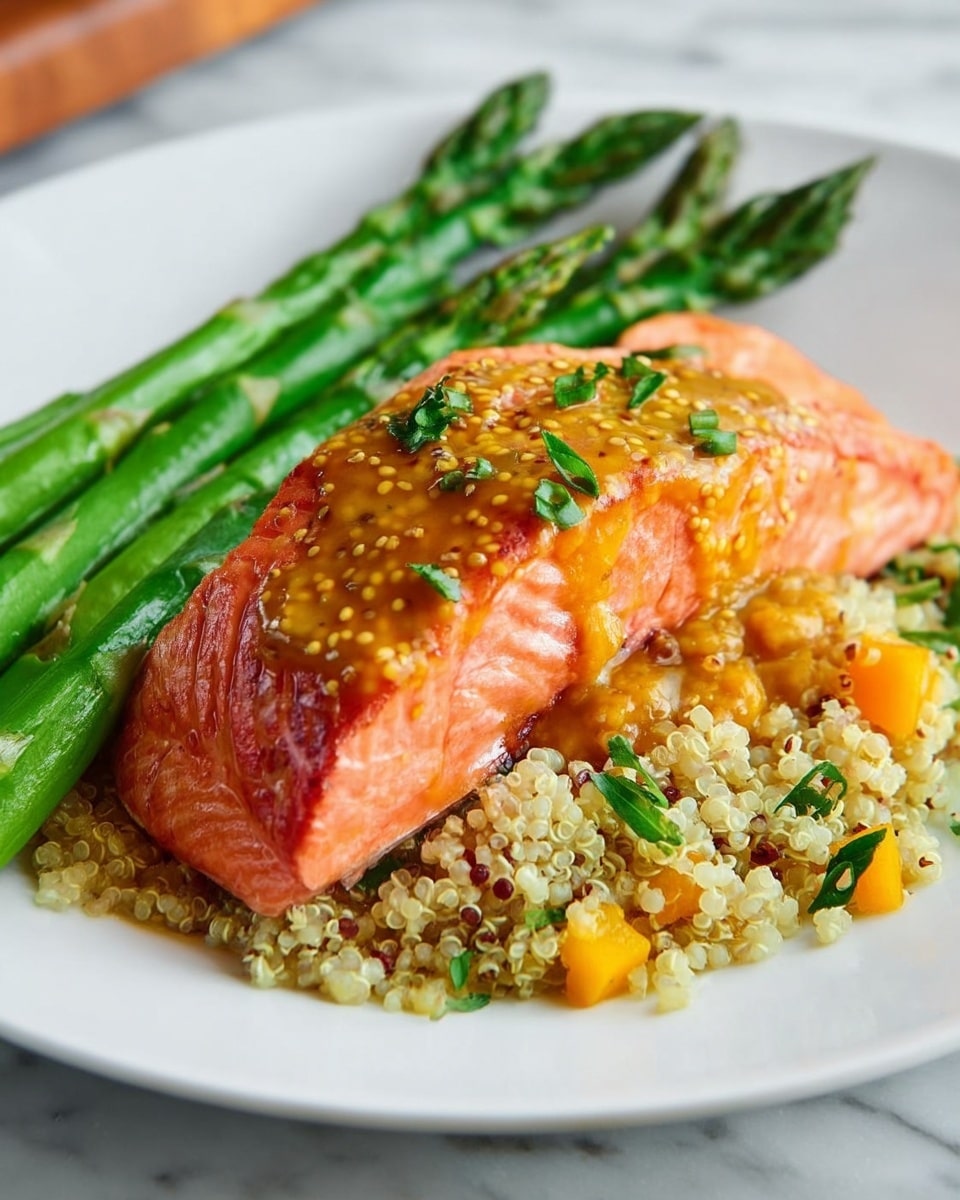 A white plate holds a dish with three main layers. The bottom layer is light-colored quinoa mixed with green herbs and bright orange pieces, providing a grainy texture. On top rests a thick piece of cooked salmon, pinkish-orange with a slightly glazed surface showing a mustard seed sauce, and garnished with small green herbs. To the side of the salmon, a neat row of bright green asparagus spears adds color and contrast. The whole scene sits on a white marbled texture background. Photo taken with an iphone --ar 4:5 --v 7