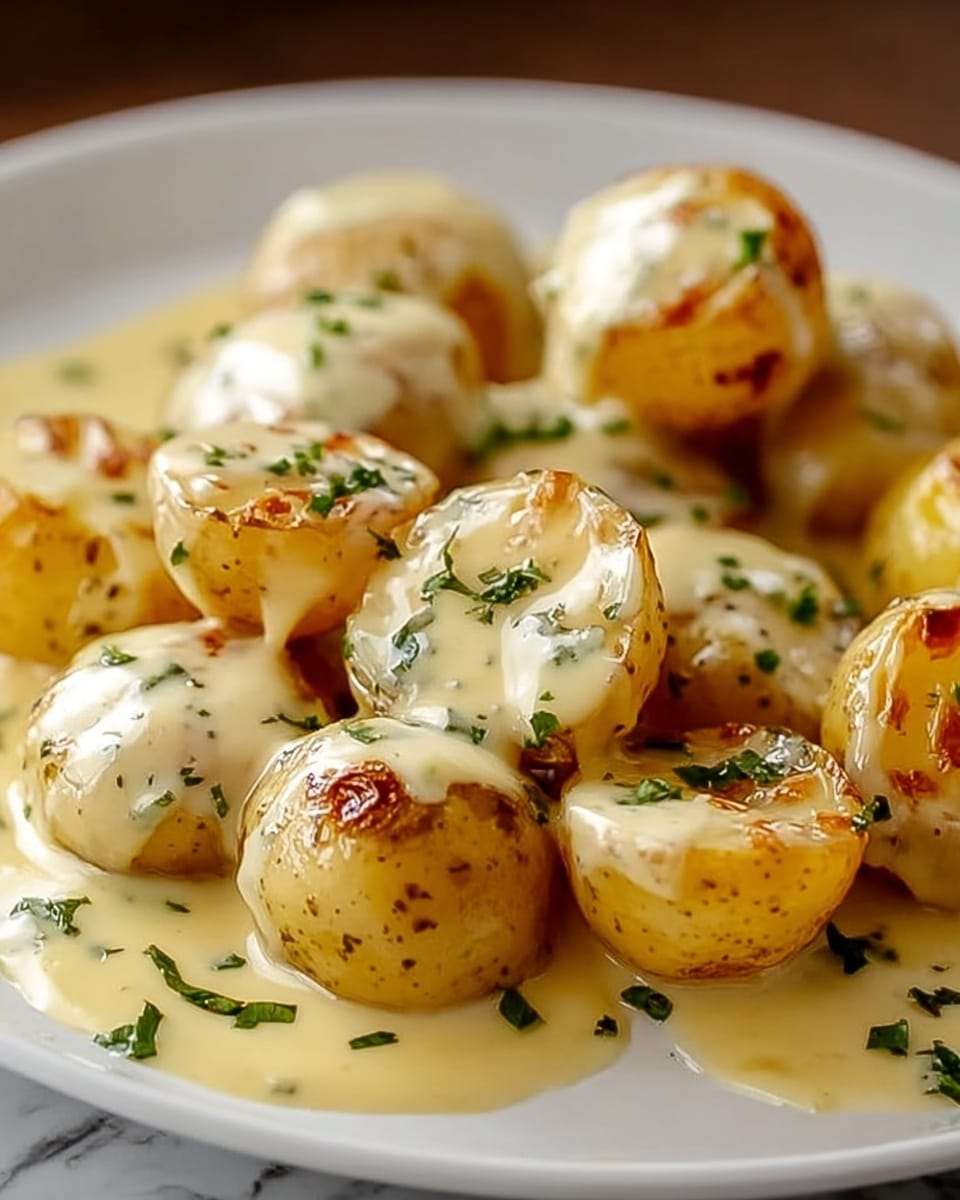 The image shows small round potatoes, cut in half and placed on a white plate. Each potato half is covered with a thick, creamy, light yellow cheese sauce that has a slightly browned, melted top. The potatoes are arranged closely together, with some sauce pooling around them on the plate. Small bits of green herbs are scattered on top for garnish. The background is a white marbled texture. Photo taken with an iphone --ar 4:5 --v 7