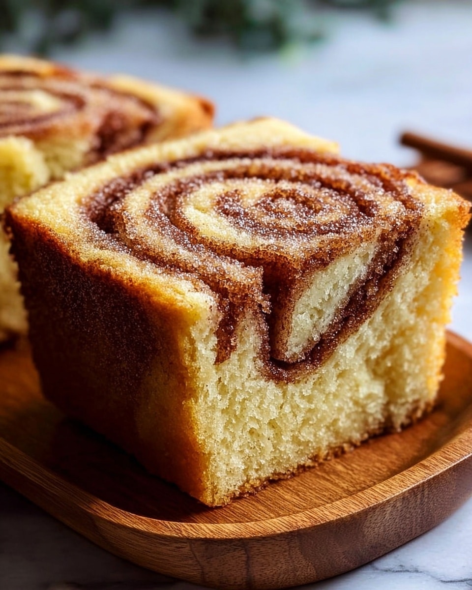 A square slice of cinnamon swirl pound cake sits on a wood tray, showing two main layers: a golden brown outer crust and a soft yellow cake inside with a cinnamon sugar swirl that spirals from the center outward, with a sugar sparkle visible on the cinnamon part. The cake texture looks moist and fluffy, and the swirl has a slightly textured, darker brown cinnamon layer on top. The background includes a white marbled surface with subtle natural light. Photo taken with an iphone --ar 4:5 --v 7