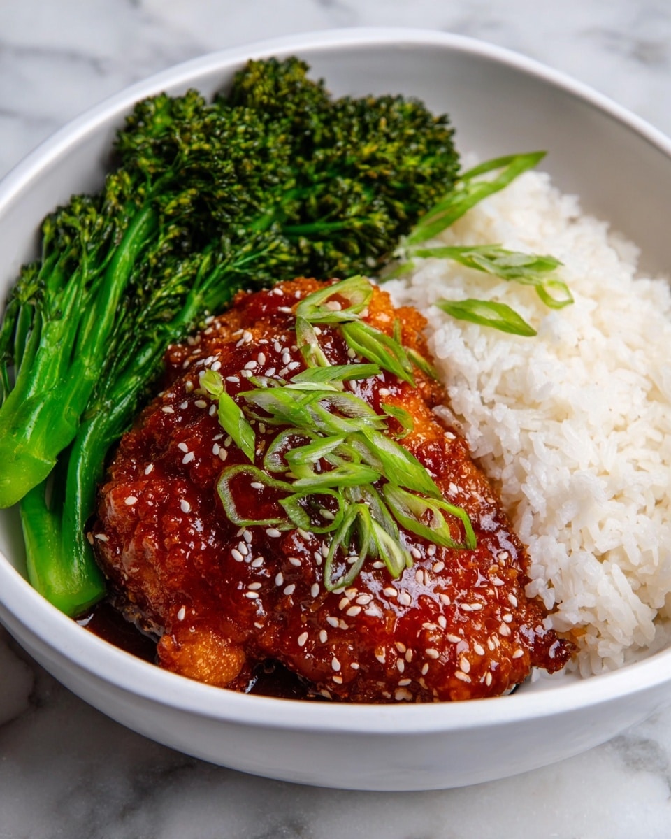 A white bowl holds a layered meal with three main parts. On the left side, there is a bunch of bright green broccolini with a slightly charred texture. Next to it, covering the middle of the bowl, is a thick layer of white steamed rice with individual grains visible. On the right side, a large piece of crispy fried chicken is coated in a shiny, sticky reddish-brown sauce, topped with white sesame seeds and thin slices of bright green scallions. The dish sits on a white marbled textured surface. photo taken with an iphone --ar 4:5 --v 7