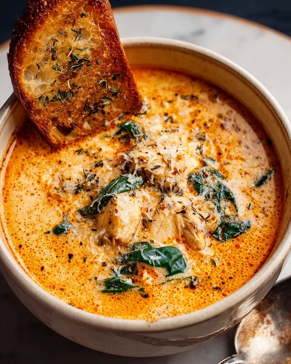 A white bowl filled with creamy orange soup, with chunks of chicken and green spinach leaves floating on top. The soup has a smooth texture with some small bubbles and is sprinkled with grated cheese that slightly melts into the surface. A piece of toasted bread, golden brown and crispy with specks of herbs, leans on the edge of the bowl. The bowl sits on a white marbled surface, and a spoon is partly visible beside it. photo taken with an iphone --ar 4:5 --v 7