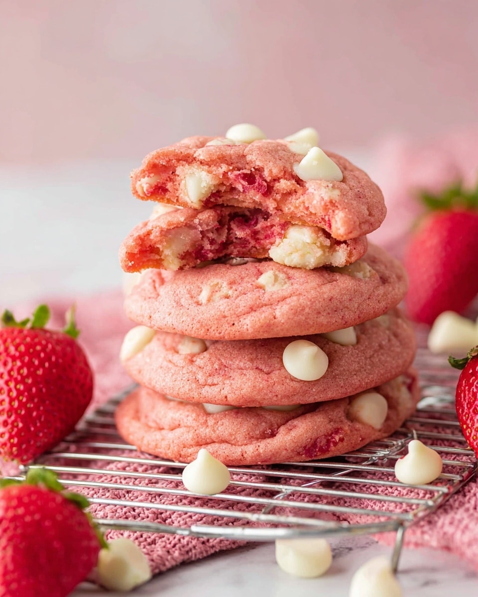 A stack of four thick, soft pink cookies sits on a small silver cooling rack over a textured pink cloth on a white marbled surface. Each cookie is studded with smooth, white chocolate chips that contrast with the warm pink color, and the top cookie is broken in half, showing its soft, creamy interior mixed with bits of strawberry. Around the cookies are fresh red strawberries with green leaves, highlighting the berry flavor. White chocolate chips are also scattered nearby, adding to the sweet, inviting scene. Photo taken with an iphone --ar 4:5 --v 7