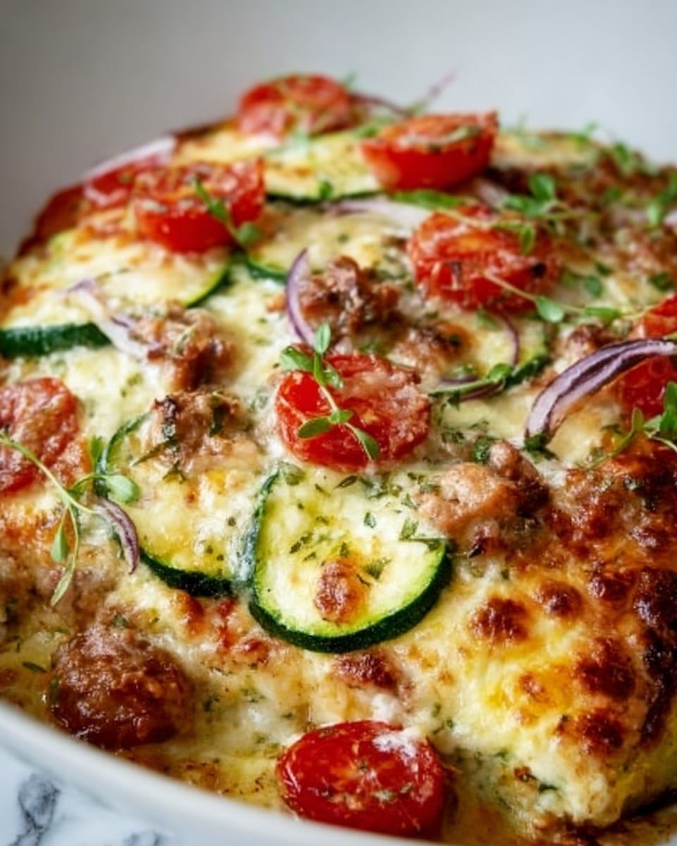 A close-up of a slice of pizza showing multiple layers: a golden-brown crust at the base, topped with a layer of melted cheese with a slightly bubbly texture, scattered pieces of browned sausage, slices of green zucchini, halved bright red cherry tomatoes, and thin rings of purple onion. The ingredients are fresh and colorful, with melted cheese stretching slightly between toppings. The pizza is on a white plate, and the background is a white marbled texture. photo taken with an iphone --ar 4:5 --v 7